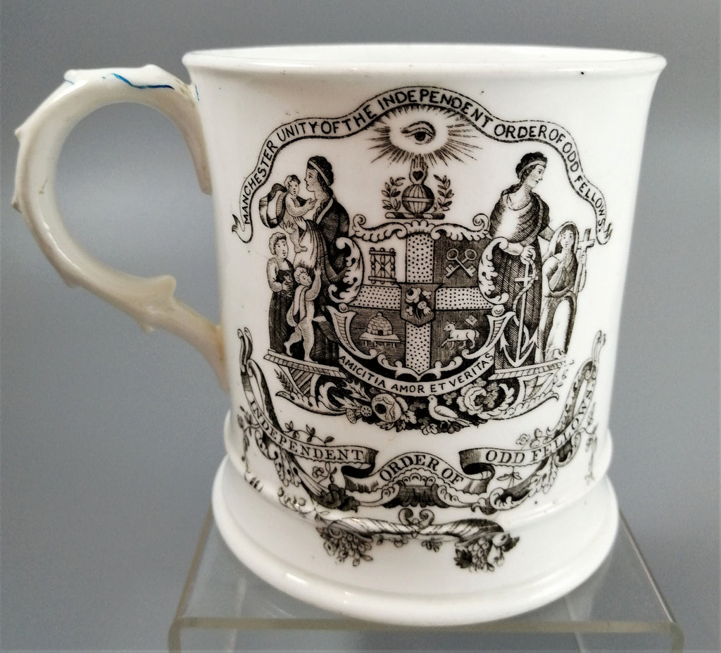 Victorian Odd Fellows Mug: Black Transferware Commemorative, c. 1850s