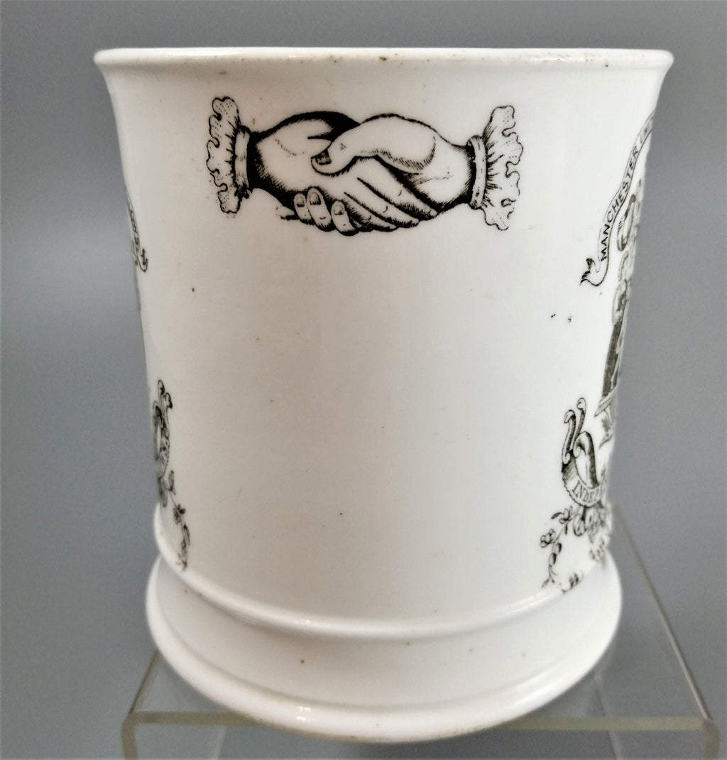 Victorian Odd Fellows Mug: Black Transferware Commemorative, c. 1850s