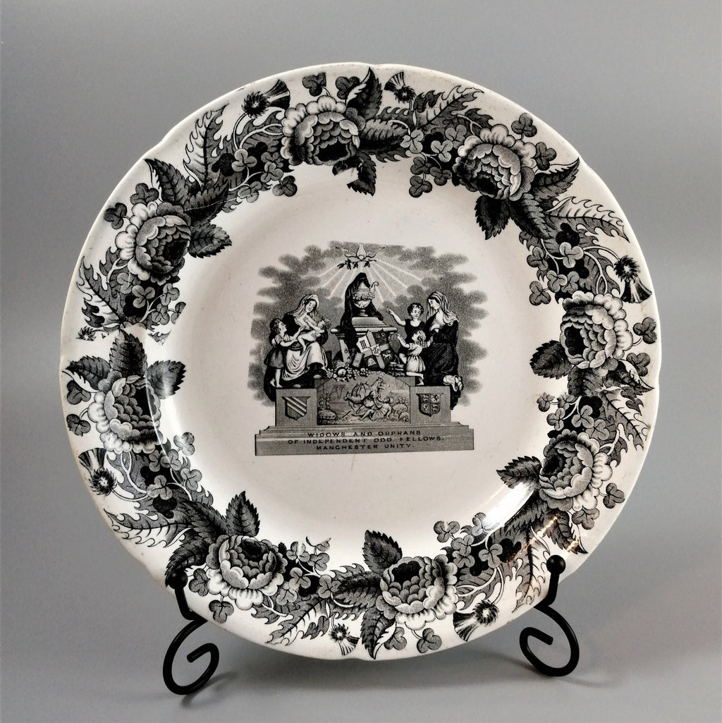 Antique Copeland Transferware Plate: Odd Fellows Widows & Orphans, c. 1840s
