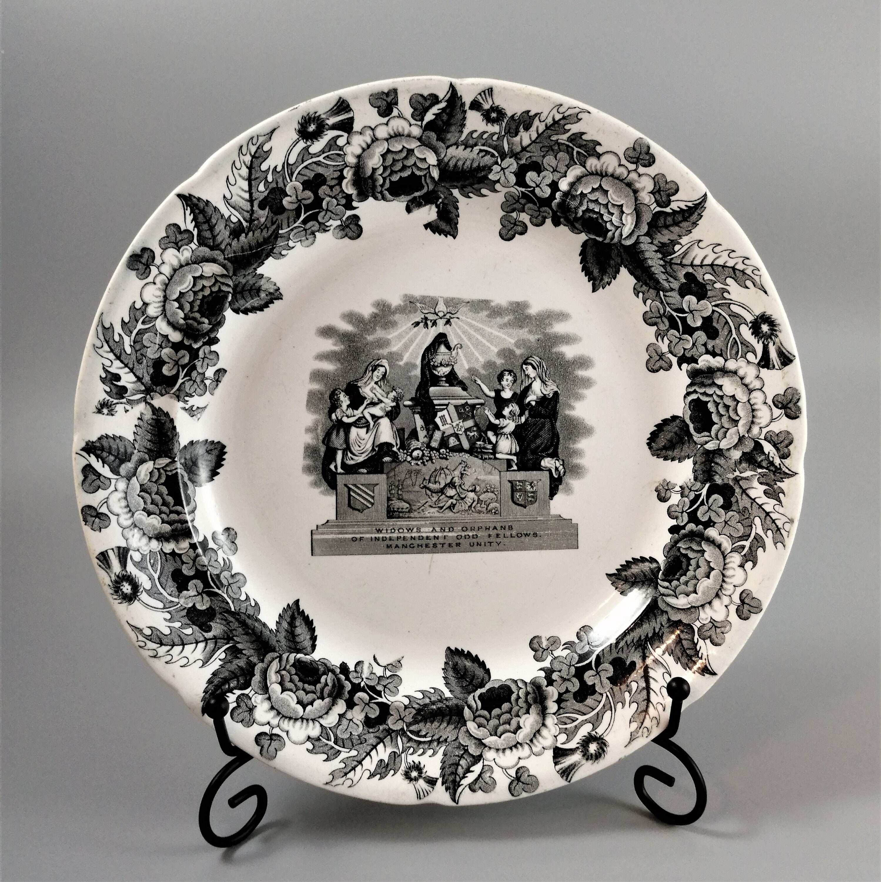 Antique Copeland Transferware Plate: Odd Fellows Widows & Orphans, c. 1840s
