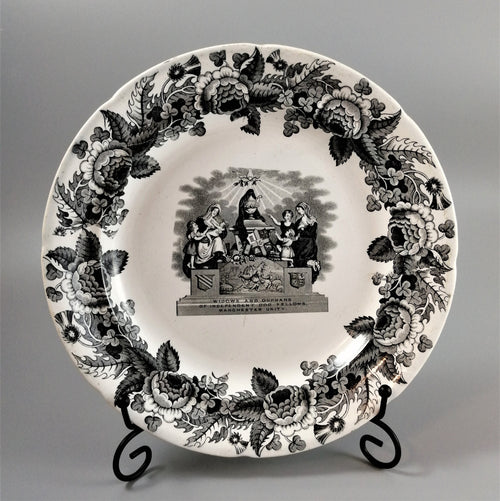 Antique Copeland Transferware Plate: Odd Fellows Widows & Orphans, c. 1840s