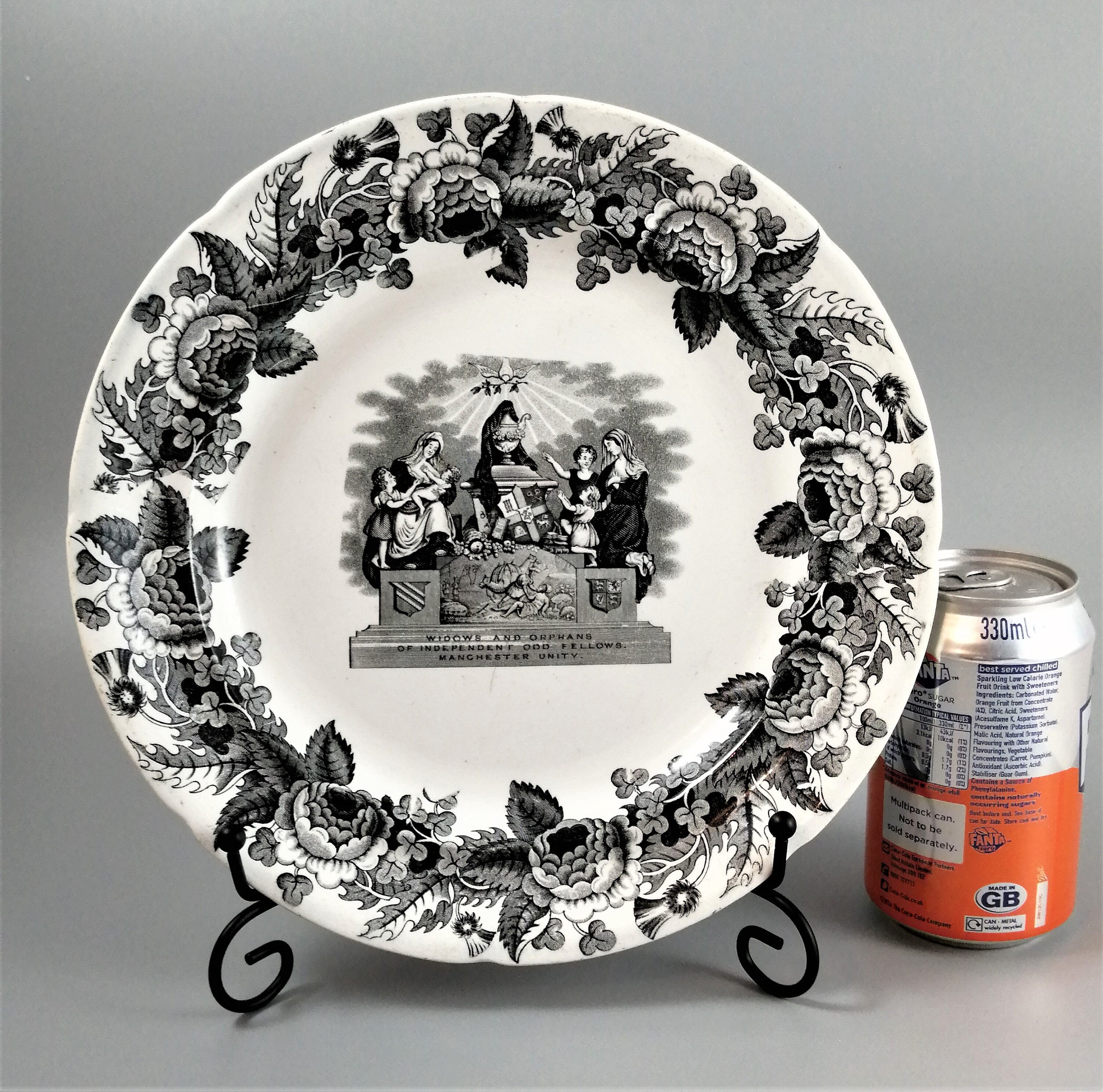 Antique Copeland Transferware Plate: Odd Fellows Widows & Orphans, c. 1840s