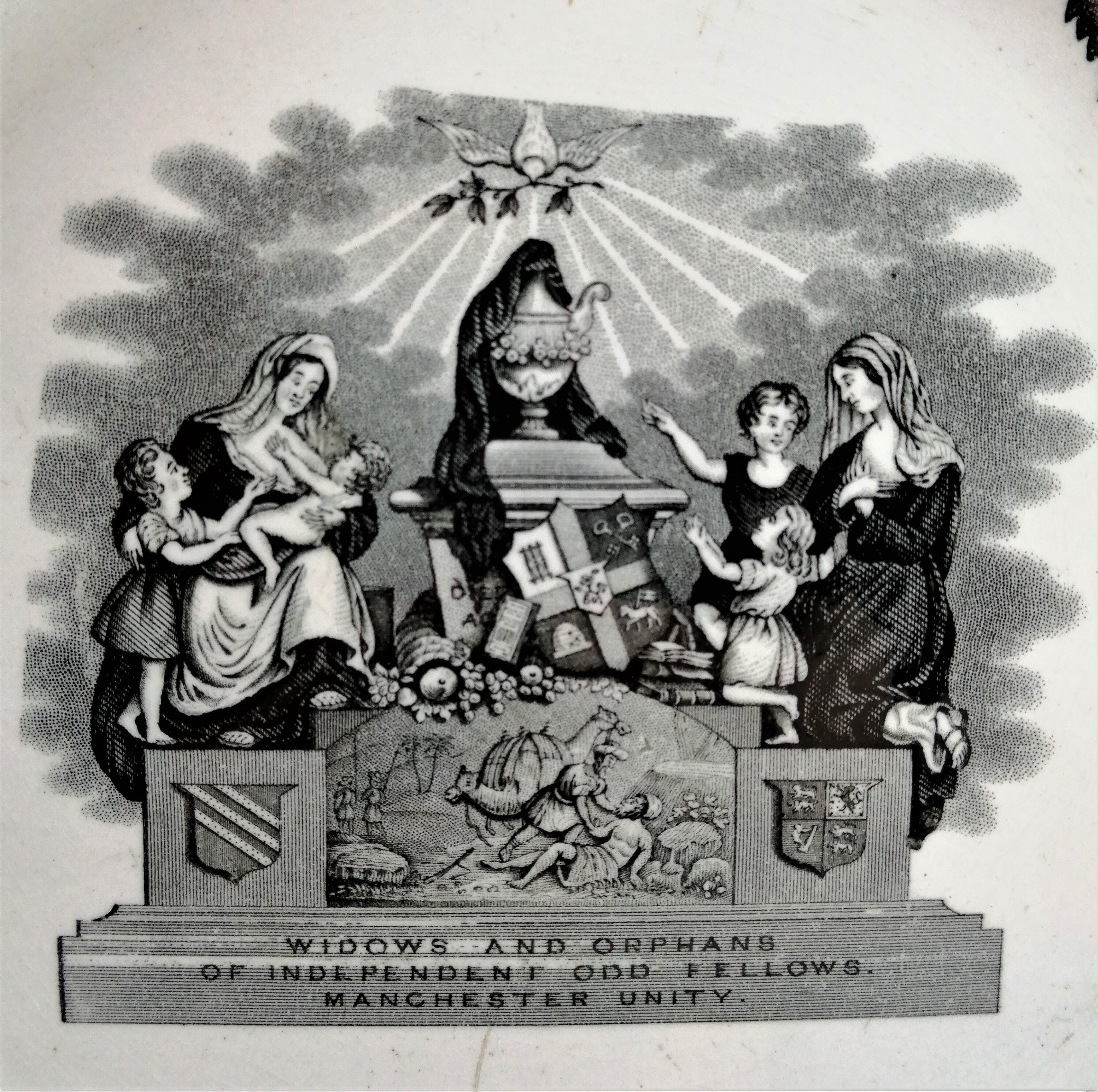 Antique Copeland Transferware Plate: Odd Fellows Widows & Orphans, c. 1840s
