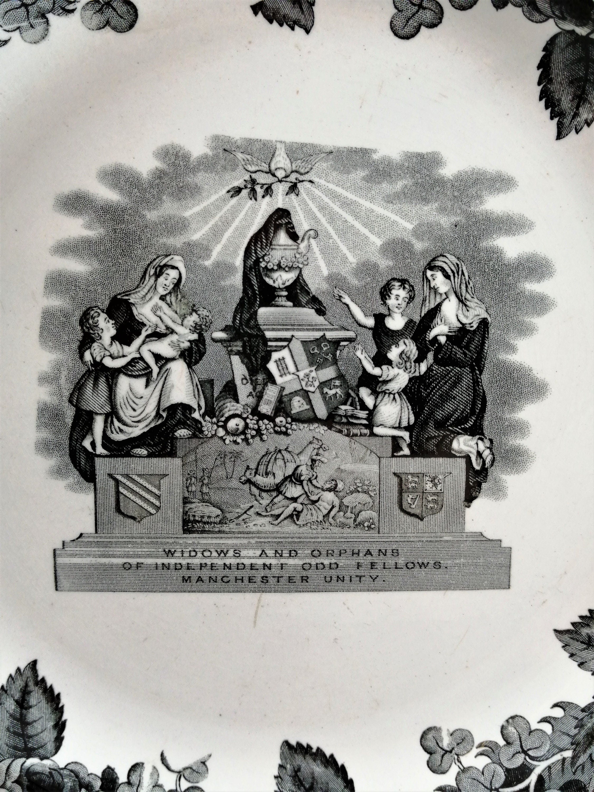 Antique Copeland Transferware Plate: Odd Fellows Widows & Orphans, c. 1840s