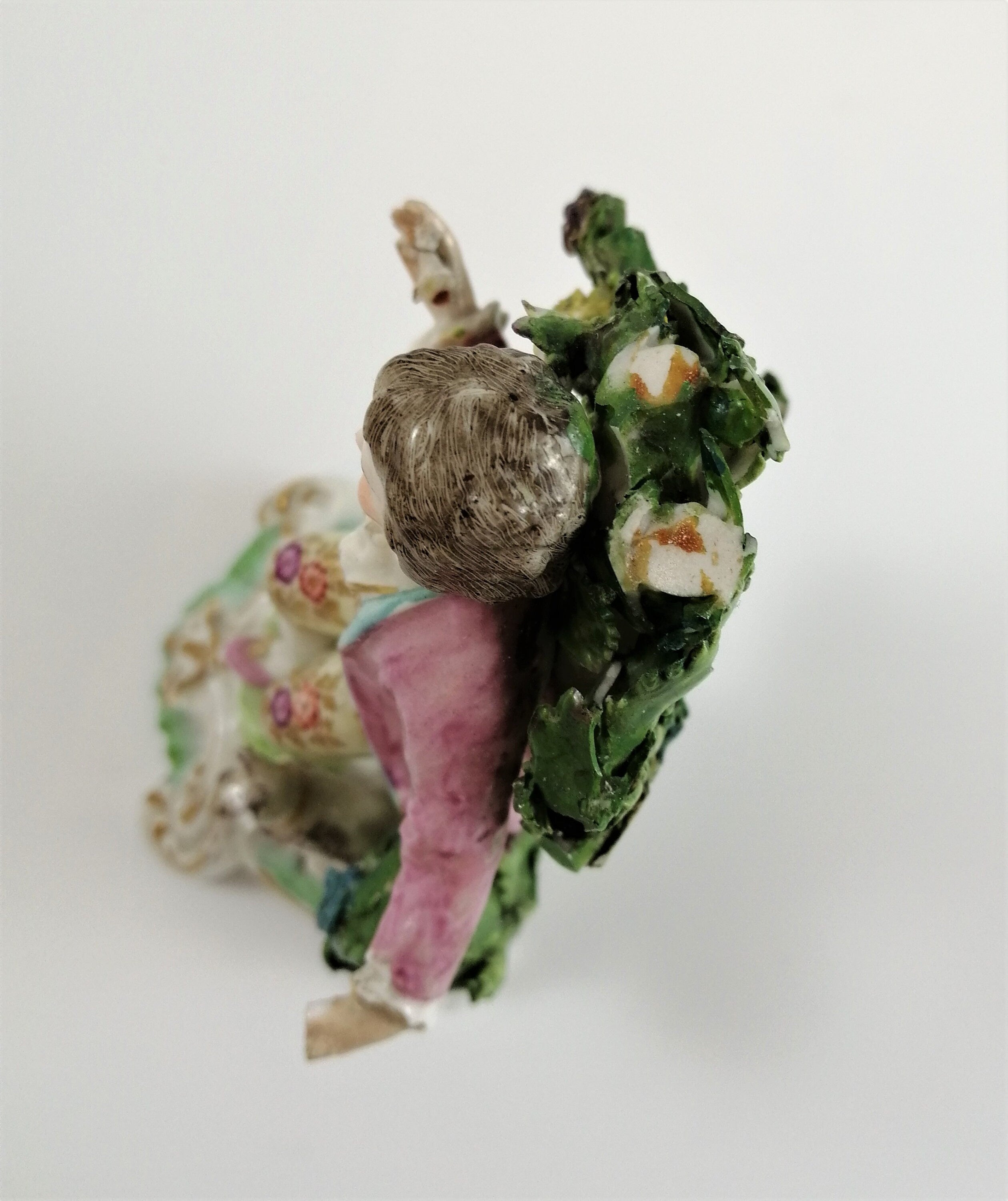 Antique Bow Porcelain Figurine: Boy with Dog, Gilt Pink Coat