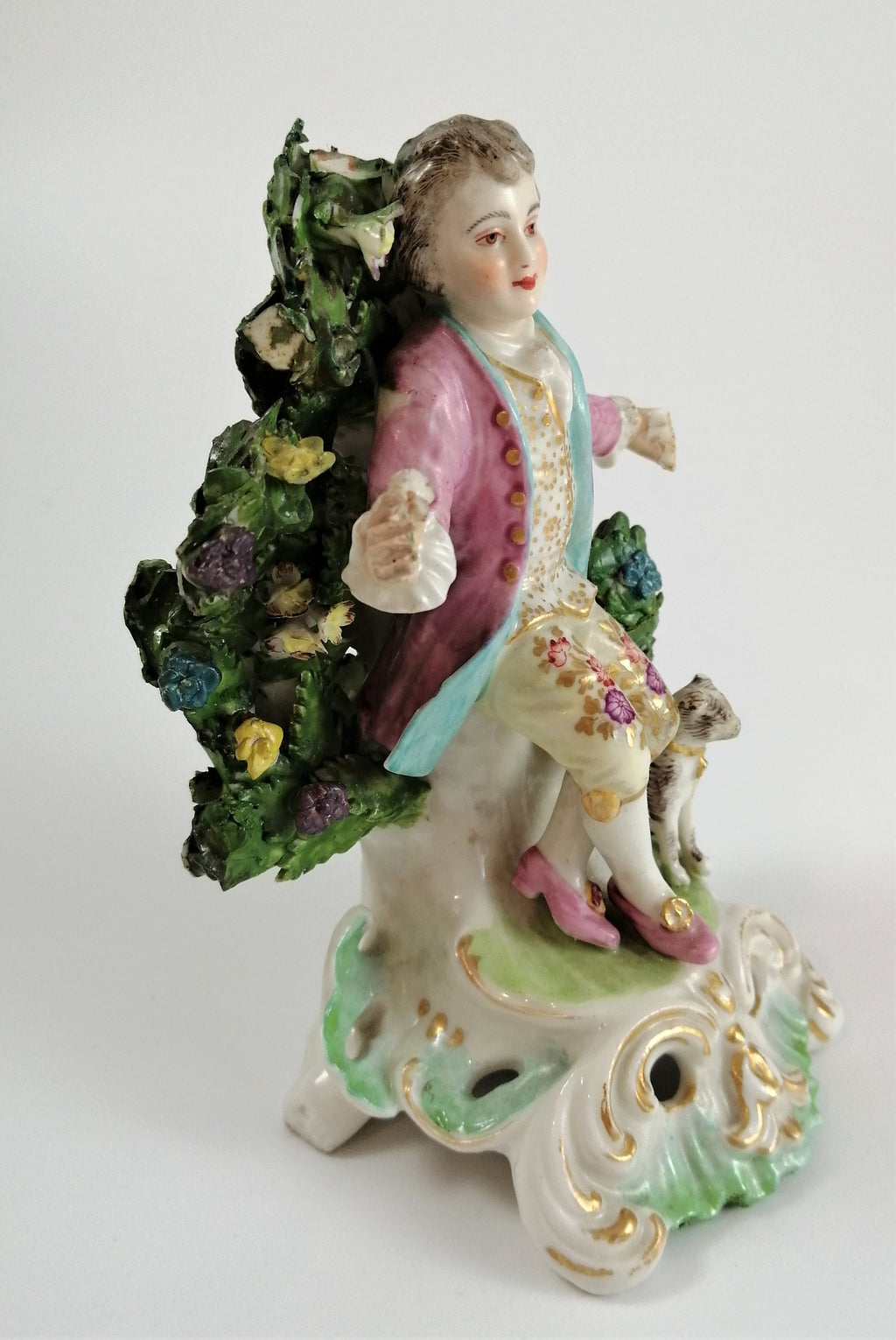 Antique Bow Porcelain Figurine: Boy with Dog, Gilt Pink Coat