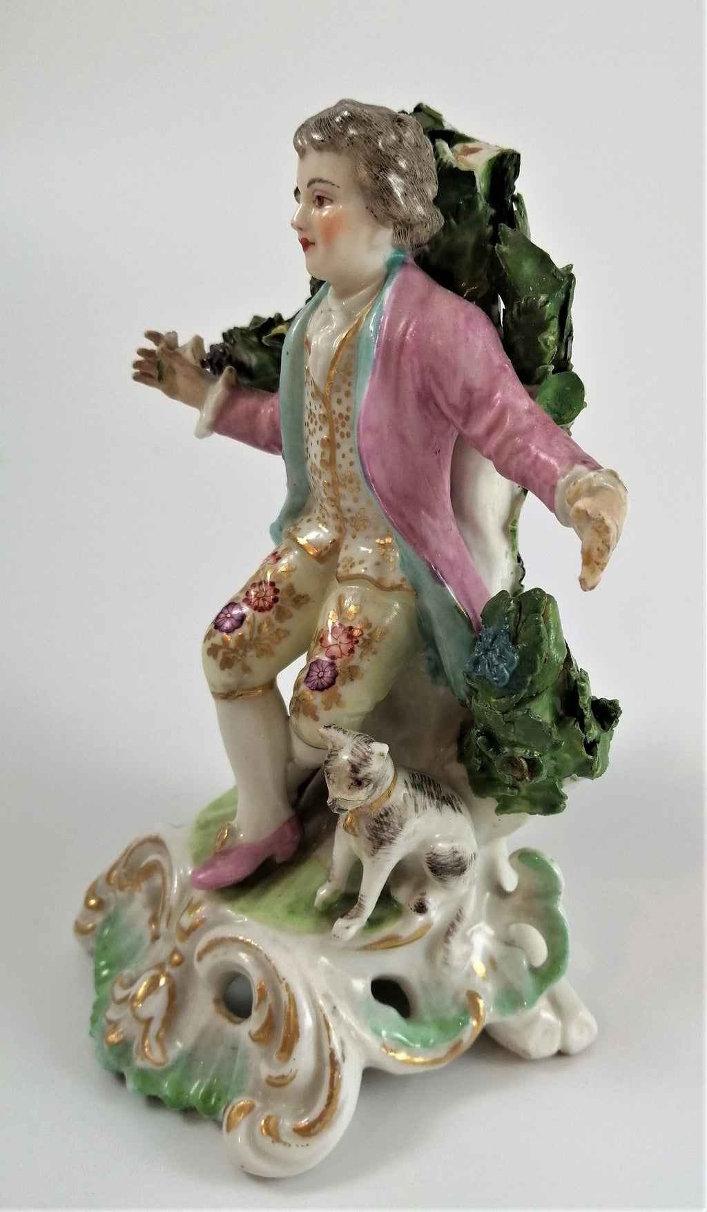 Antique Bow Porcelain Figurine: Boy with Dog, Gilt Pink Coat