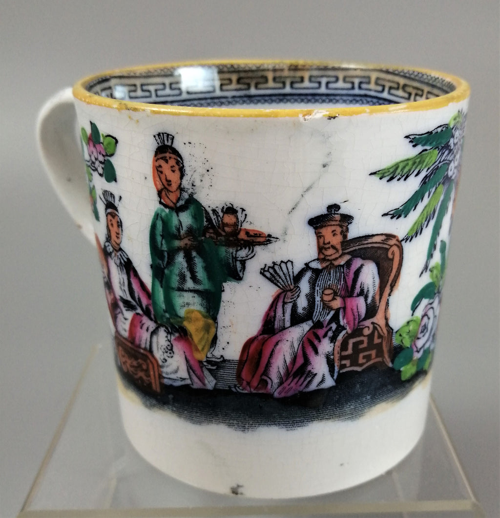 Antique Staffordshire Mug: Hand-Painted Chinoiserie Tea Scene, c. 1810