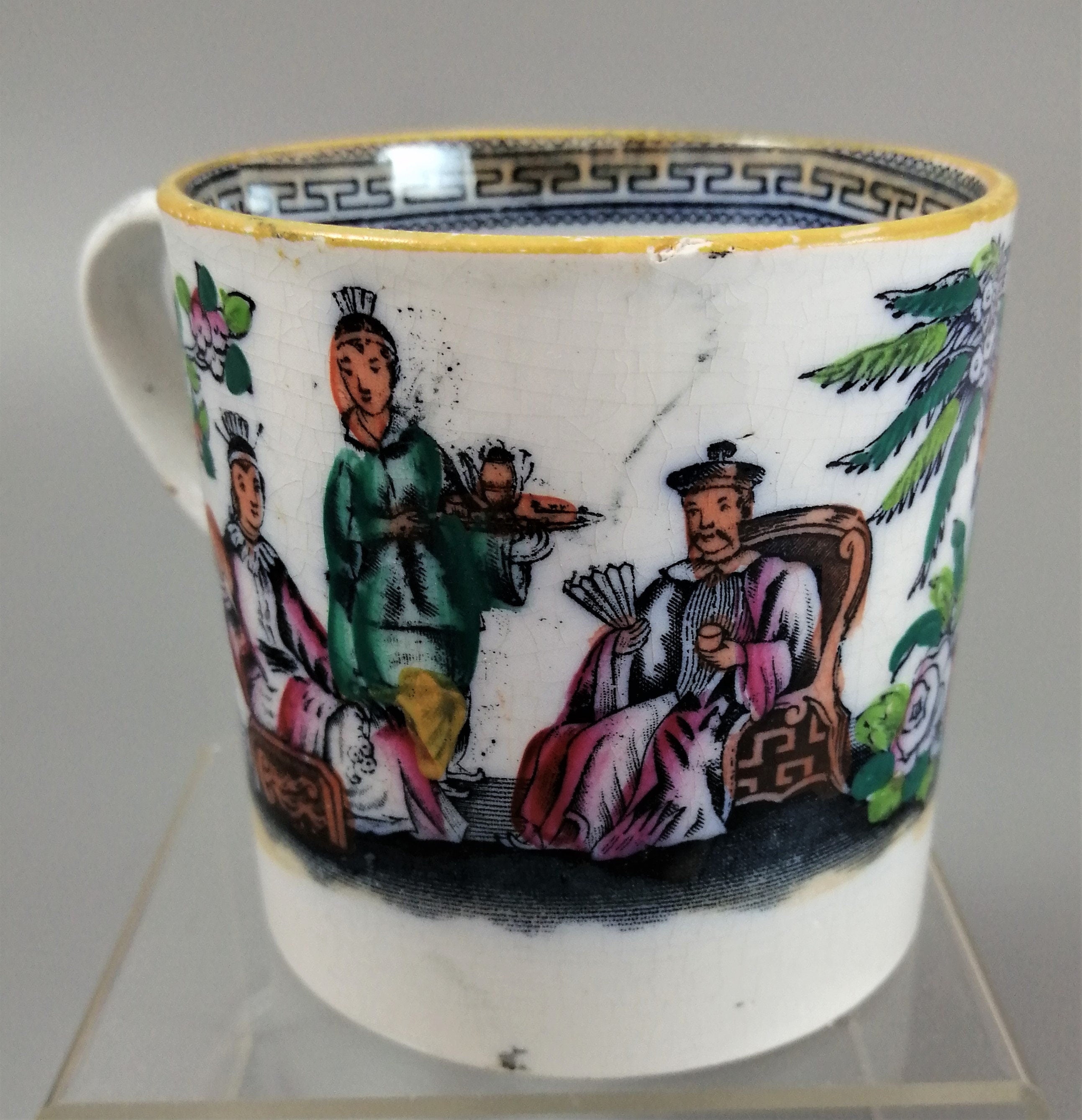 Antique Staffordshire Mug: Hand-Painted Chinoiserie Tea Scene, c. 1810