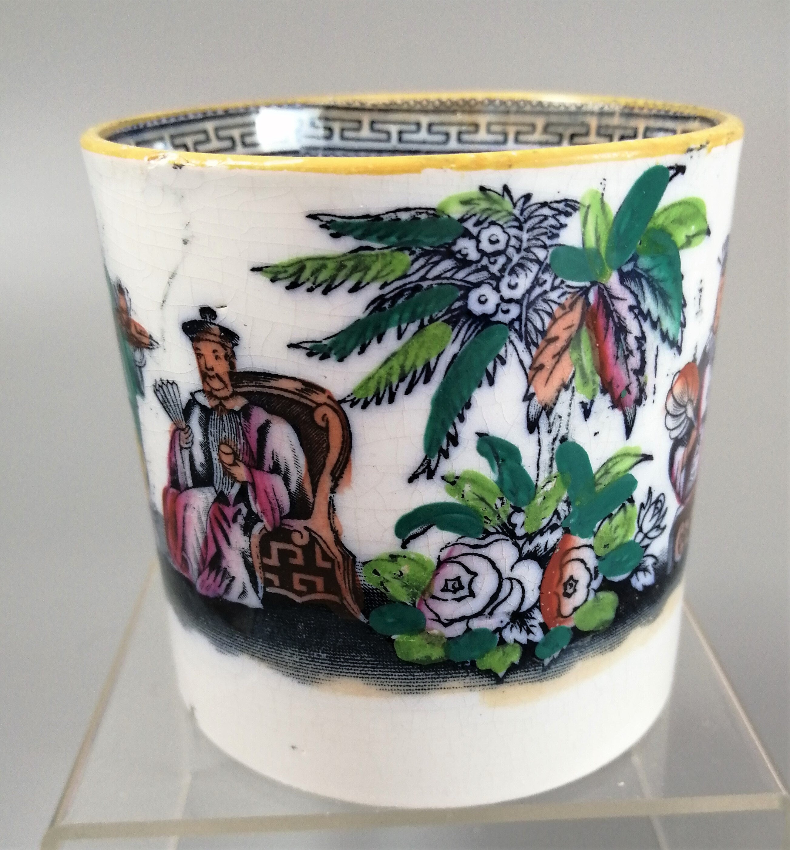 Antique Staffordshire Mug: Hand-Painted Chinoiserie Tea Scene, c. 1810