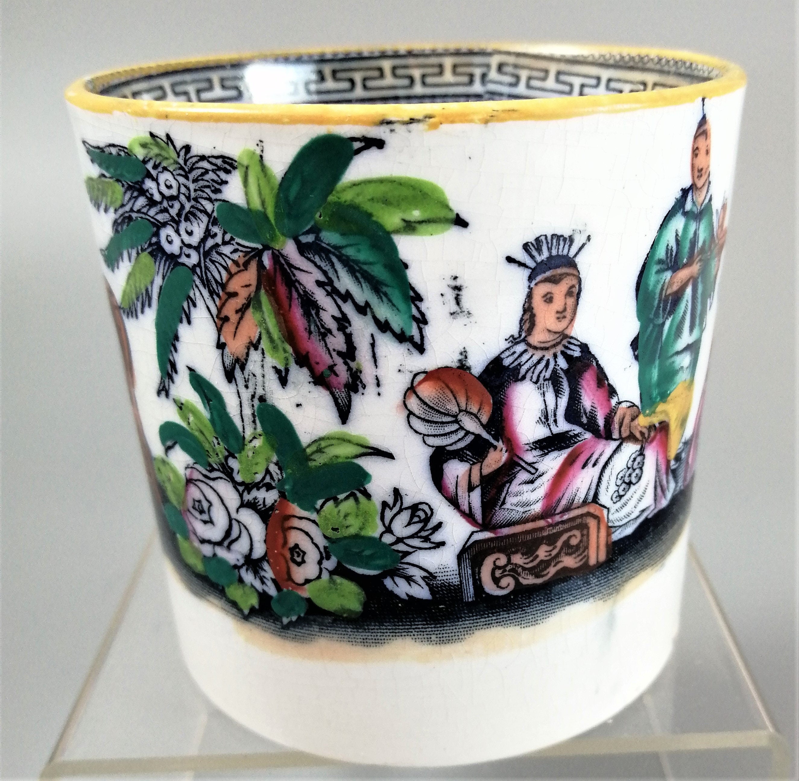 Antique Staffordshire Mug: Hand-Painted Chinoiserie Tea Scene, c. 1810
