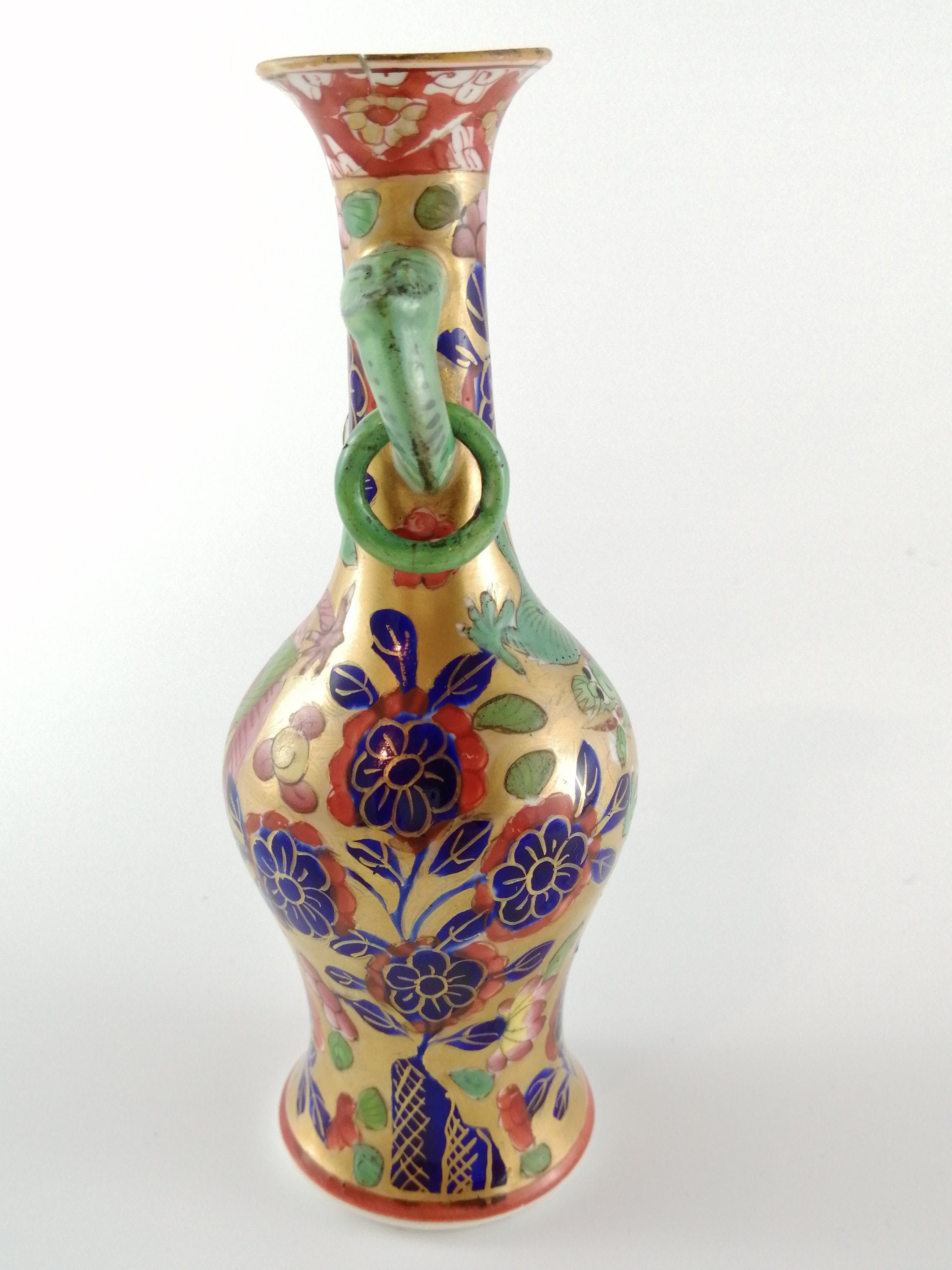 Rare Mason's Ironstone Vase: Pink & Green Dragons, Elephant Handles, c.1800-1816