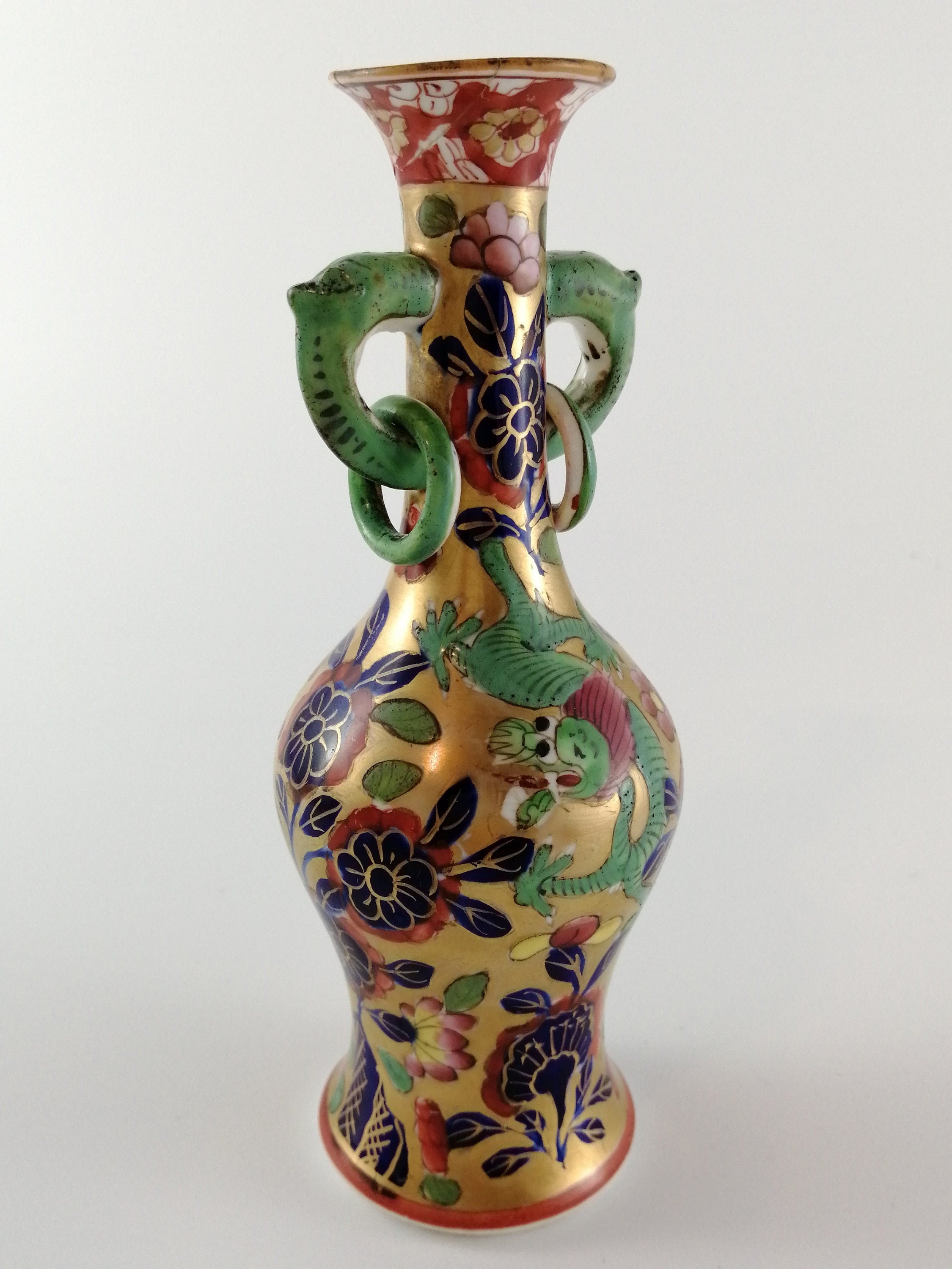 Rare Mason's Ironstone Vase: Pink & Green Dragons, Elephant Handles, c.1800-1816