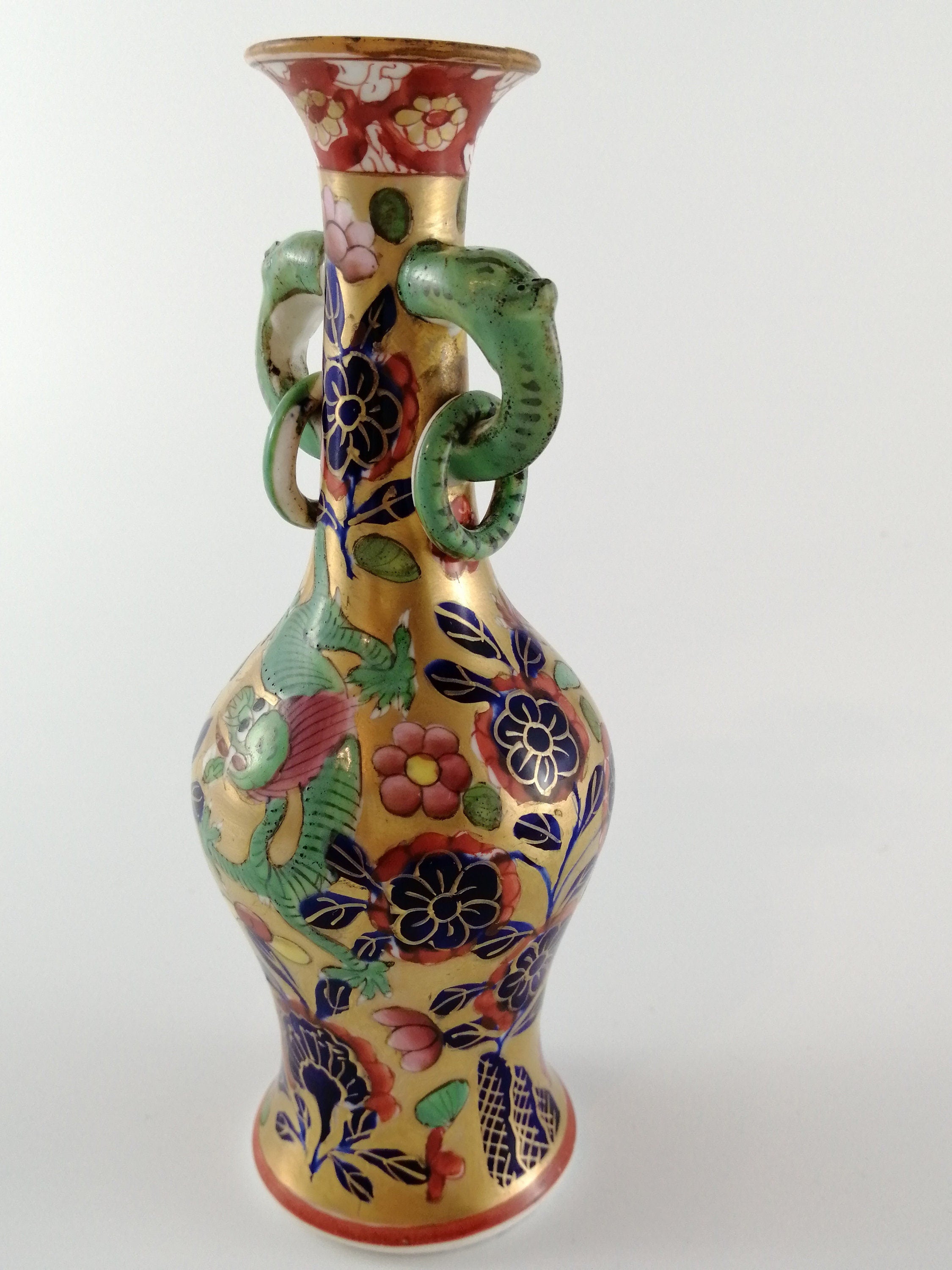 Rare Mason's Ironstone Vase: Pink & Green Dragons, Elephant Handles, c.1800-1816