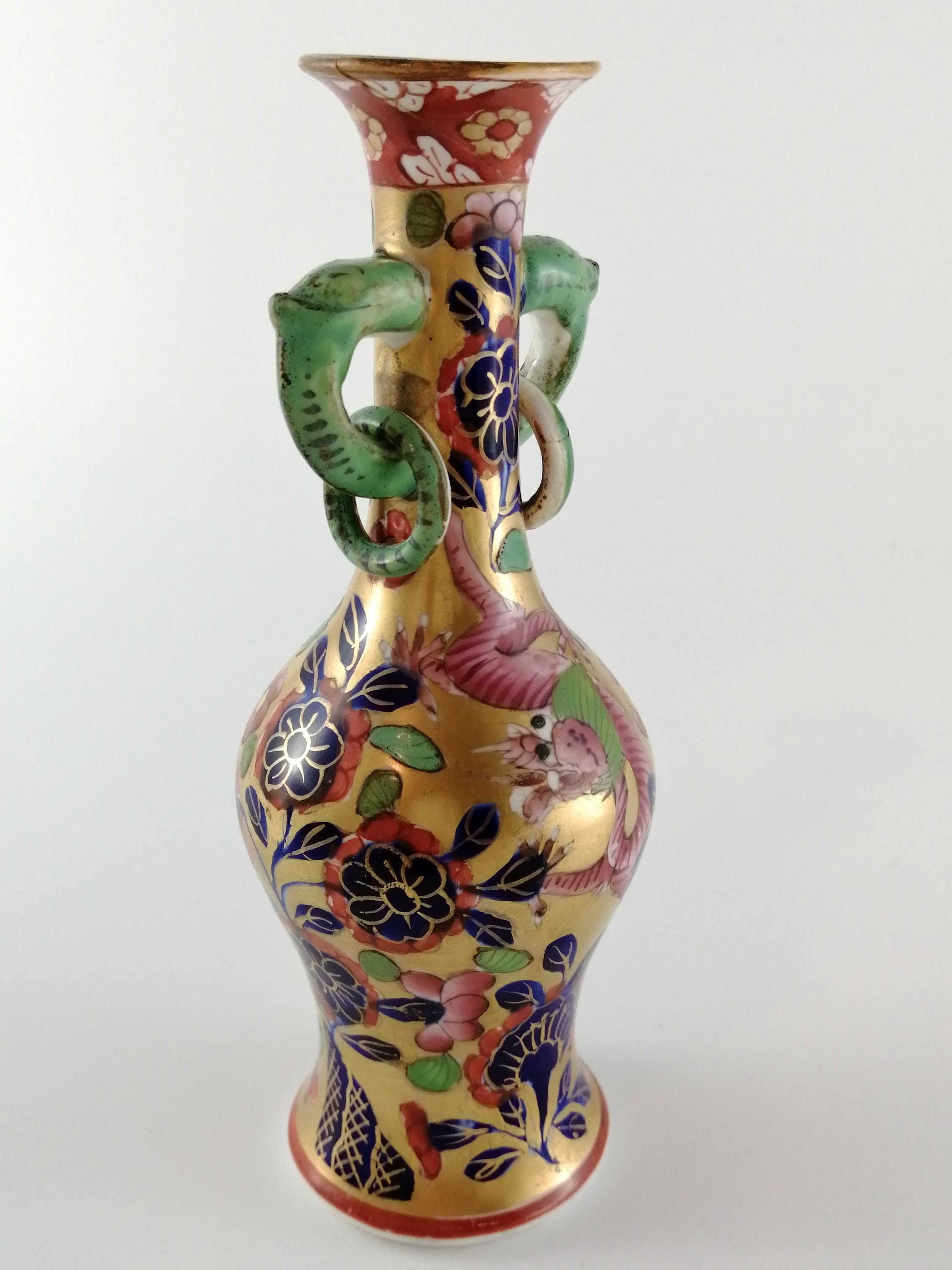 Rare Mason's Ironstone Vase: Pink & Green Dragons, Elephant Handles, c.1800-1816