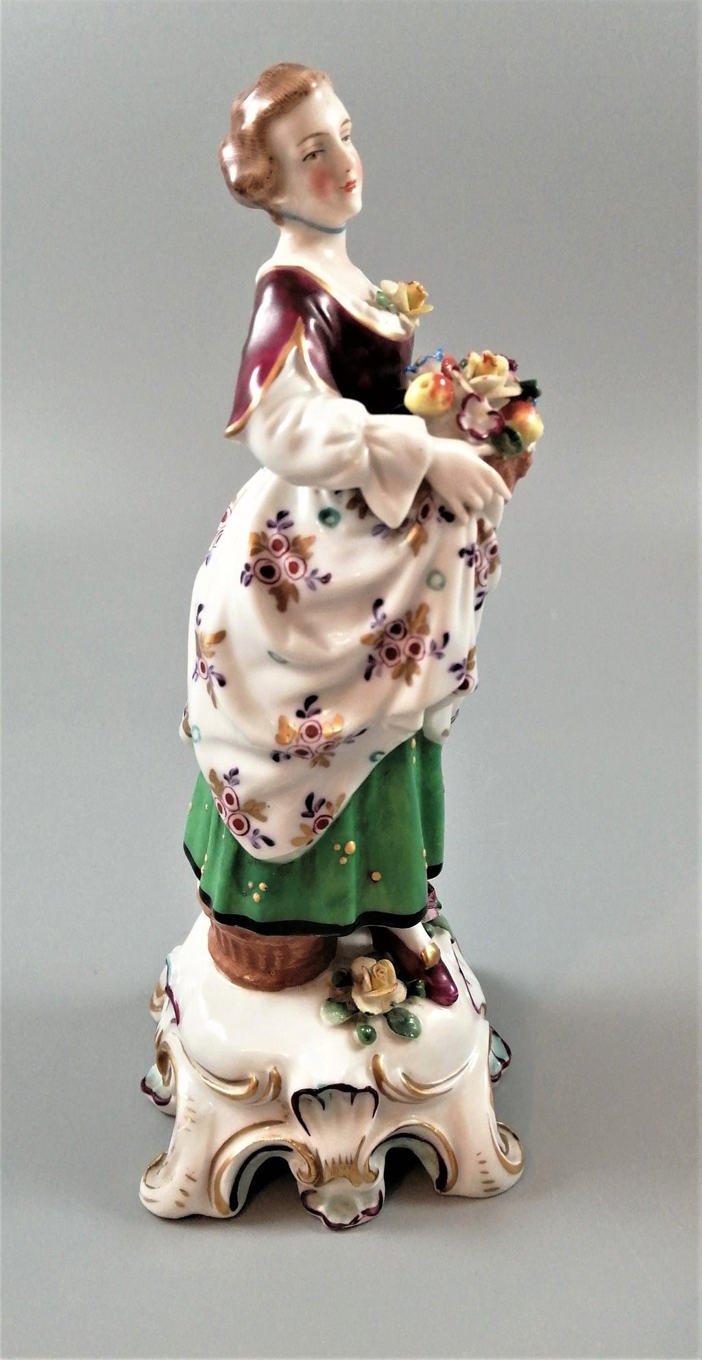 Antique Porcelain Lady Figurine: Bow/Samson Style, Gilt Floral Gown, c. 19th Century