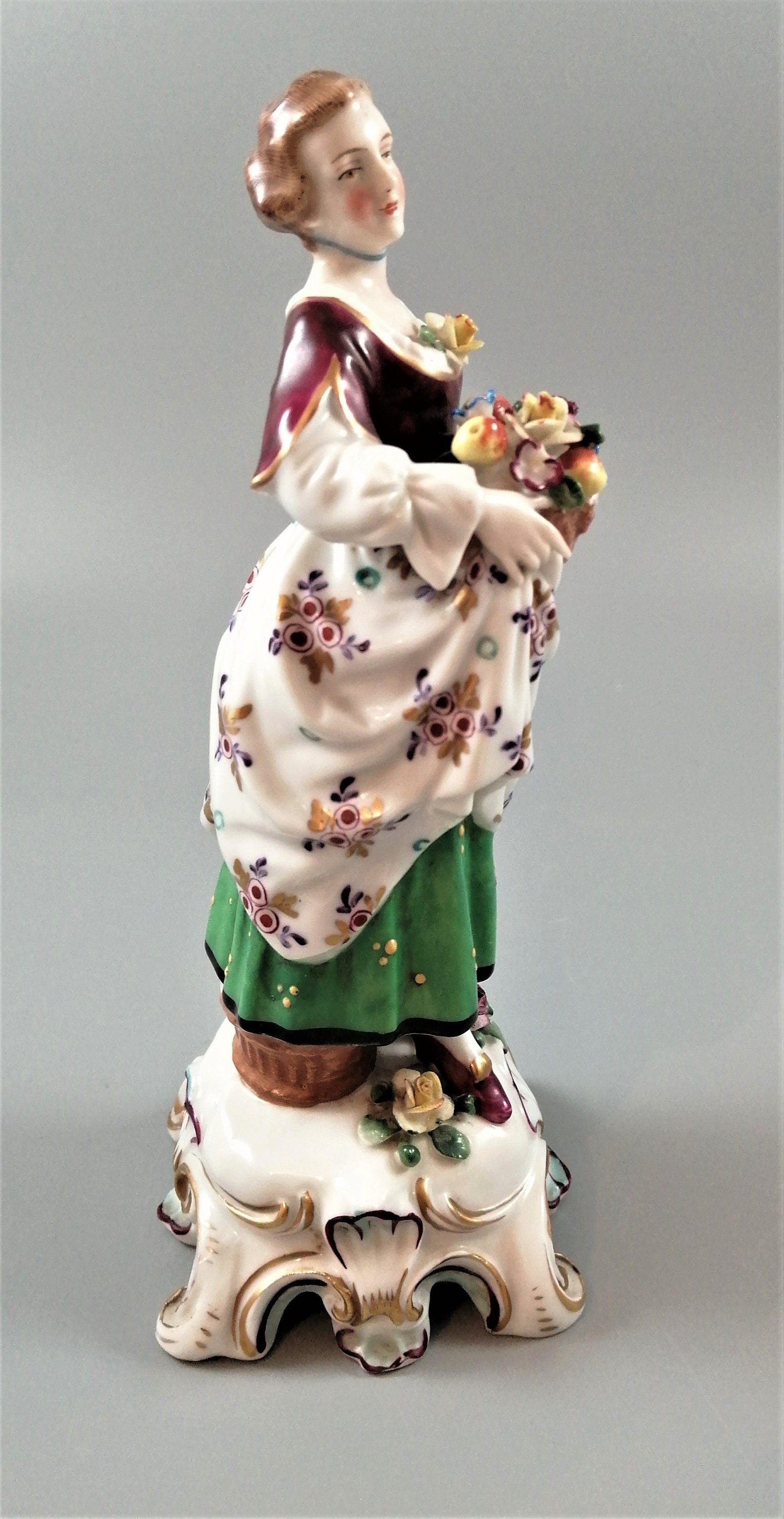 Antique Porcelain Lady Figurine: Bow/Samson Style, Gilt Floral Gown, c. 19th Century