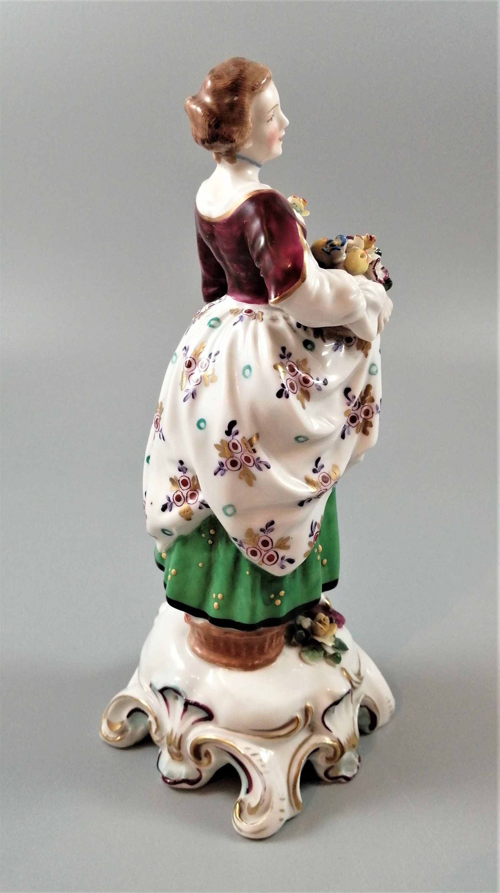 Antique Porcelain Lady Figurine: Bow/Samson Style, Gilt Floral Gown, c. 19th Century