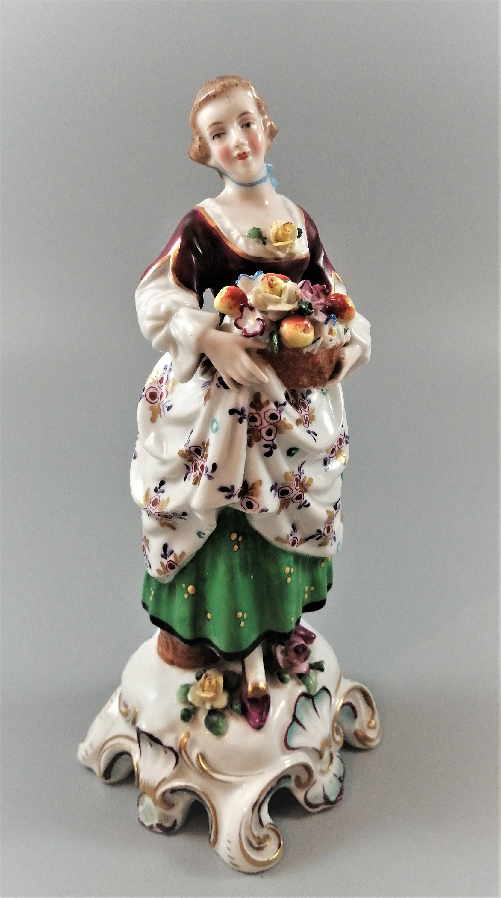 Antique Porcelain Lady Figurine: Bow/Samson Style, Gilt Floral Gown, c. 19th Century