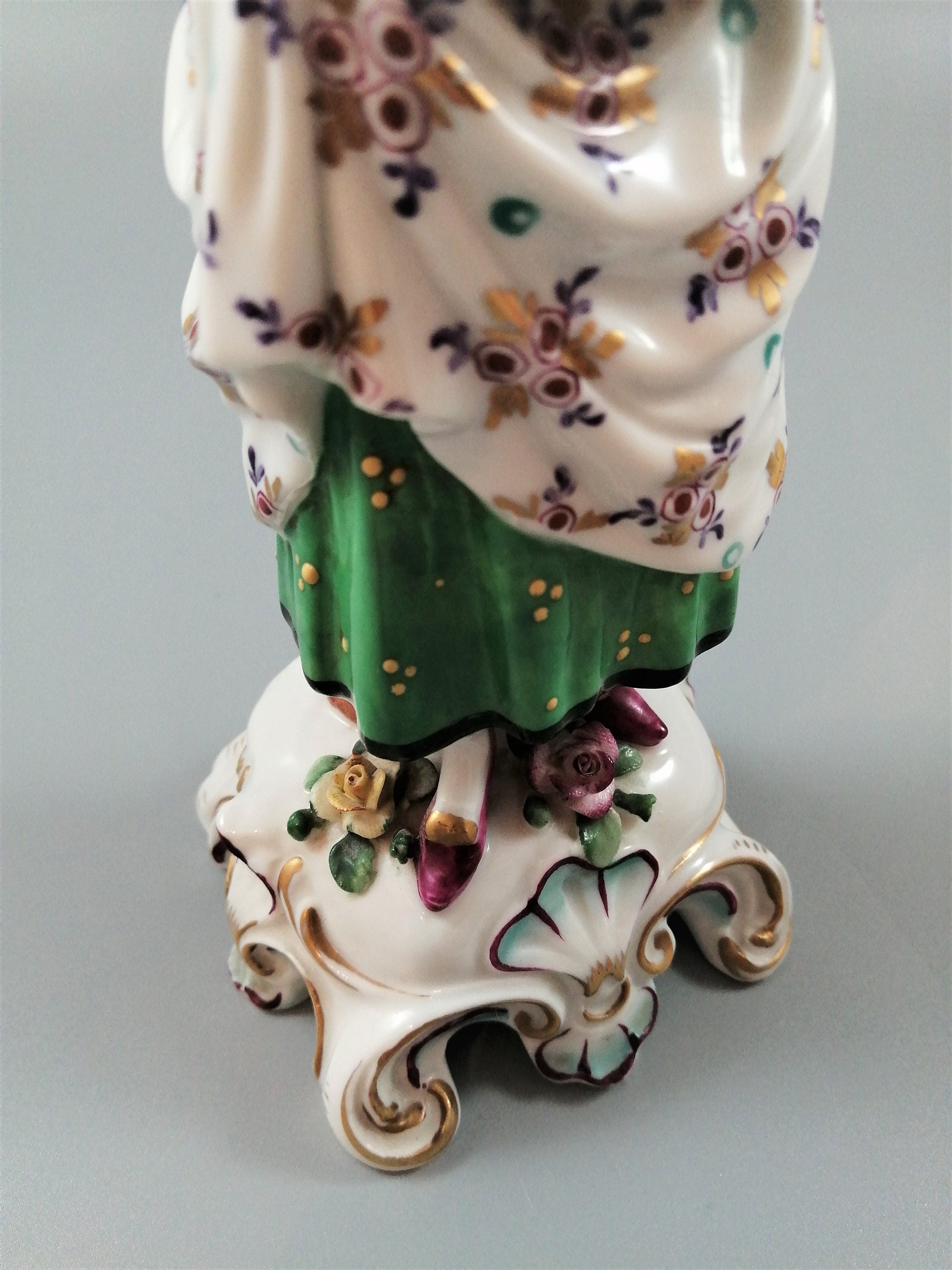 Antique Porcelain Lady Figurine: Bow/Samson Style, Gilt Floral Gown, c. 19th Century