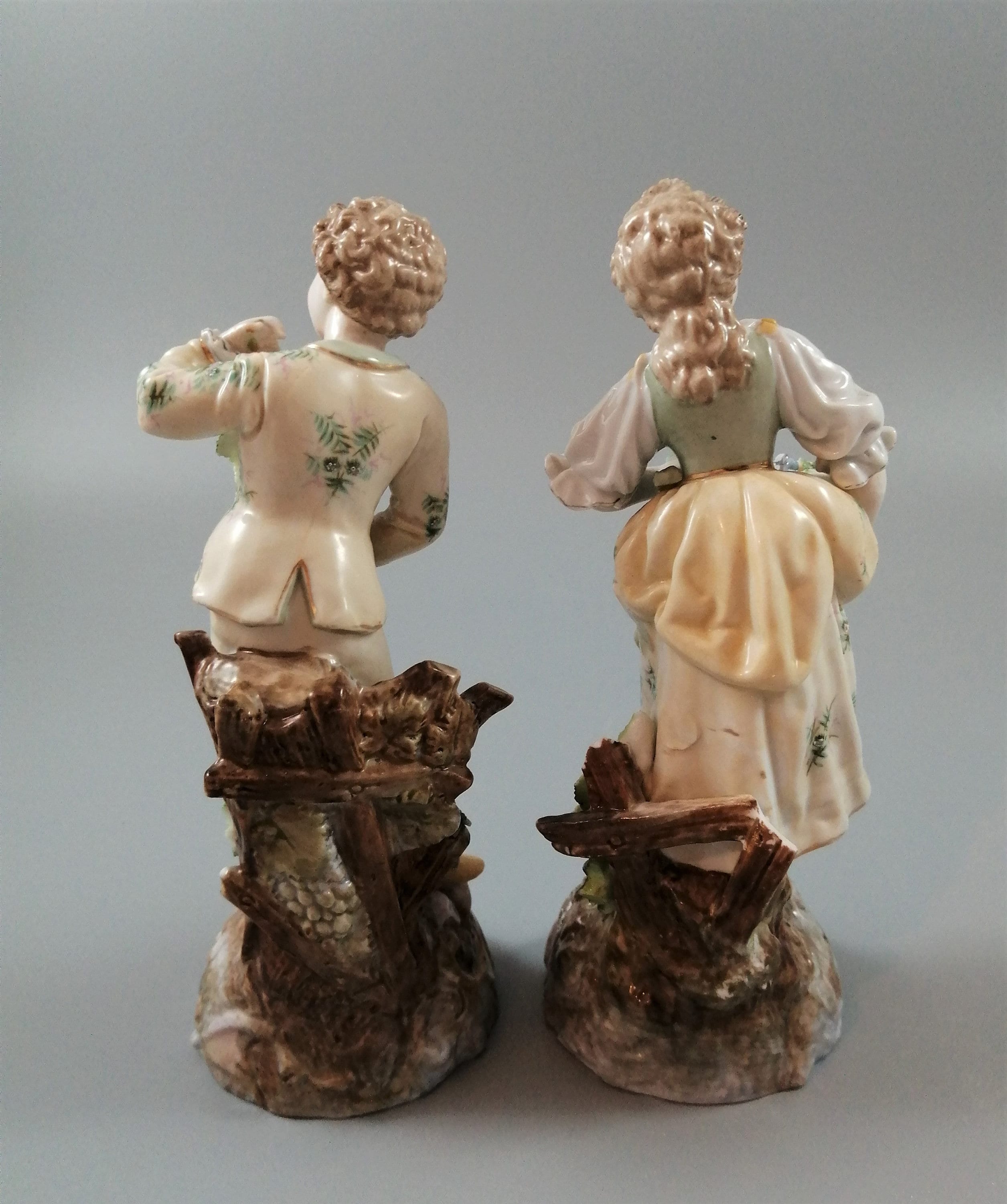 Antique Volkstedt Porcelain Figurines: Hand-Painted Grape Pickers, c. 1880s