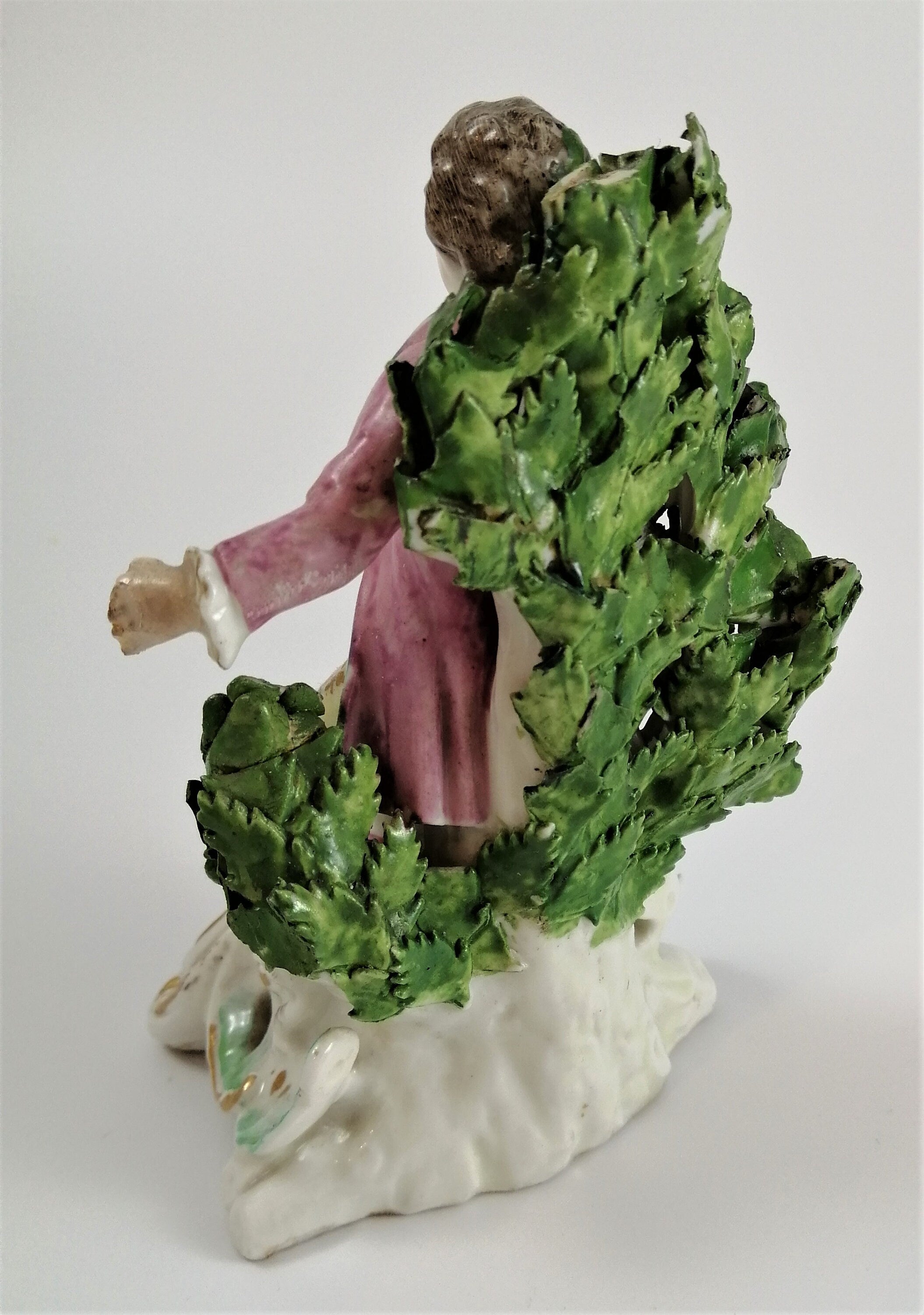 Antique Bow Porcelain Figurine: Boy with Dog, Gilt Pink Coat