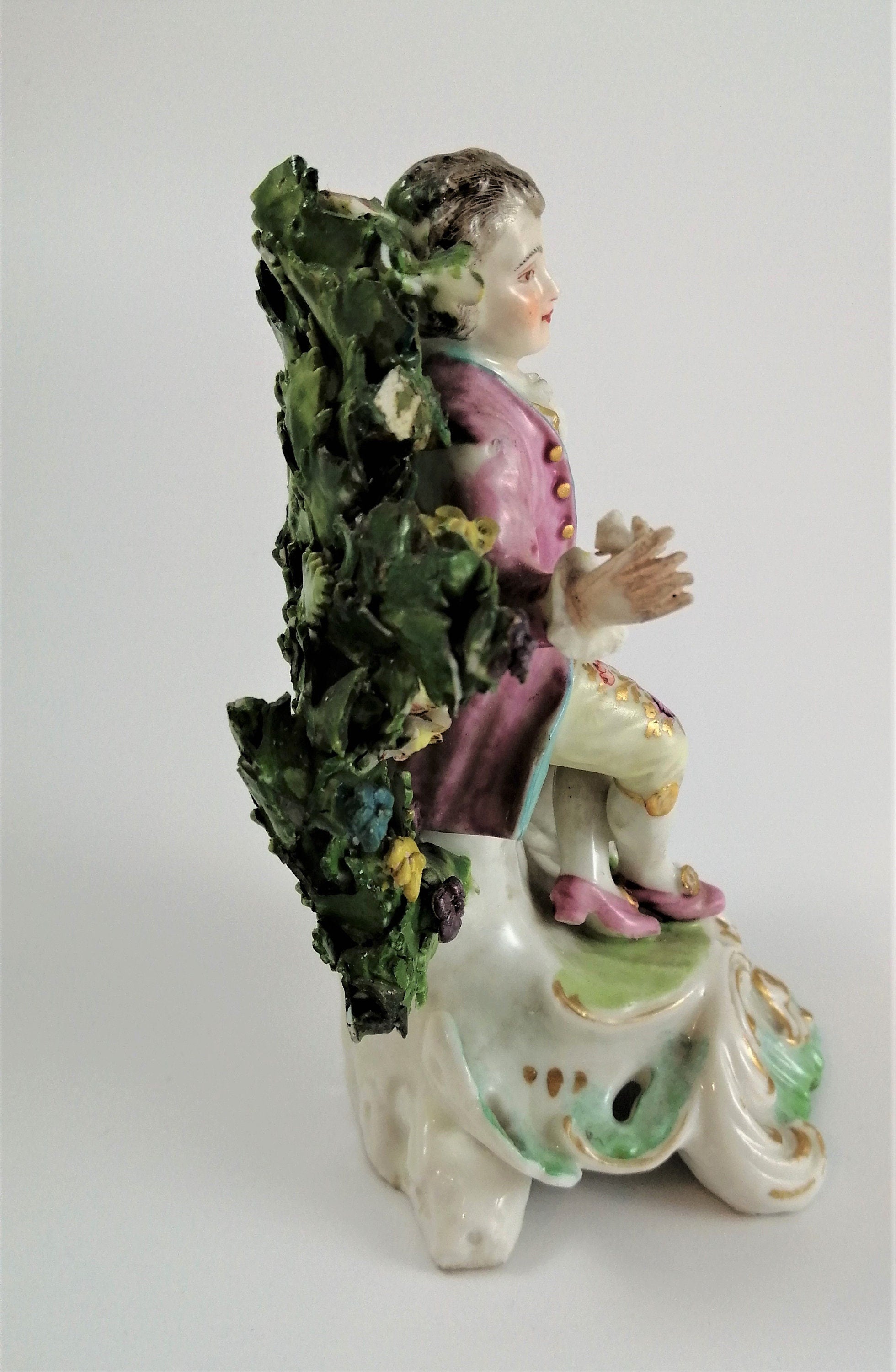 Antique Bow Porcelain Figurine: Boy with Dog, Gilt Pink Coat