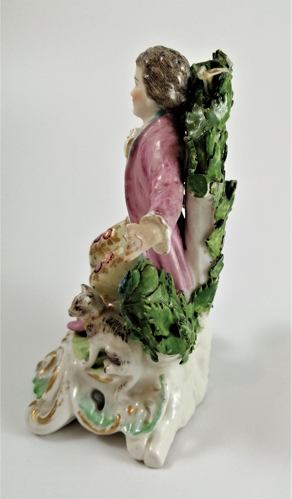 Antique Bow Porcelain Figurine: Boy with Dog, Gilt Pink Coat
