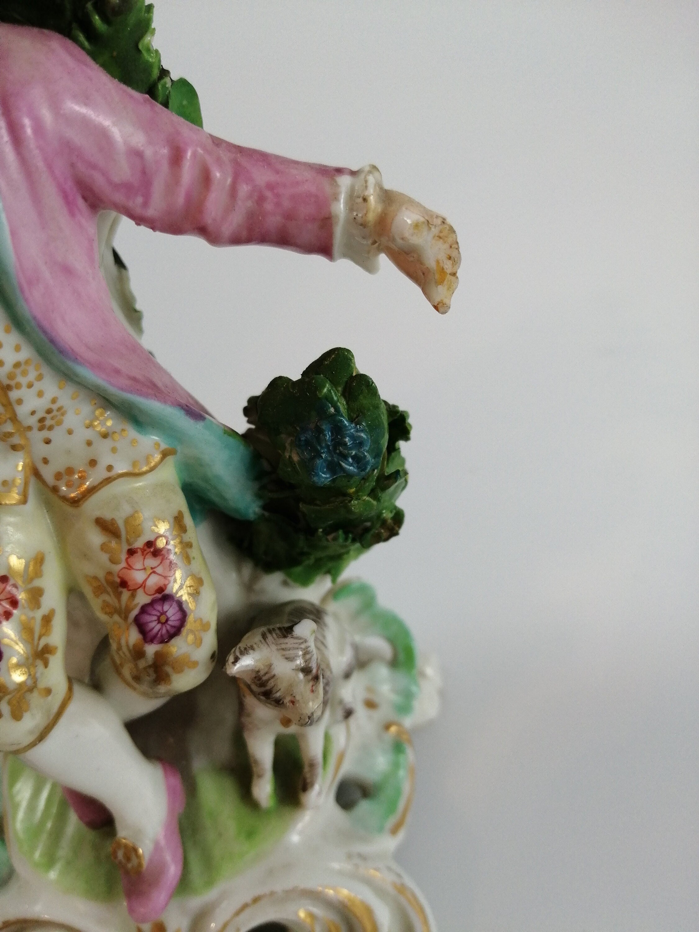Antique Bow Porcelain Figurine: Boy with Dog, Gilt Pink Coat
