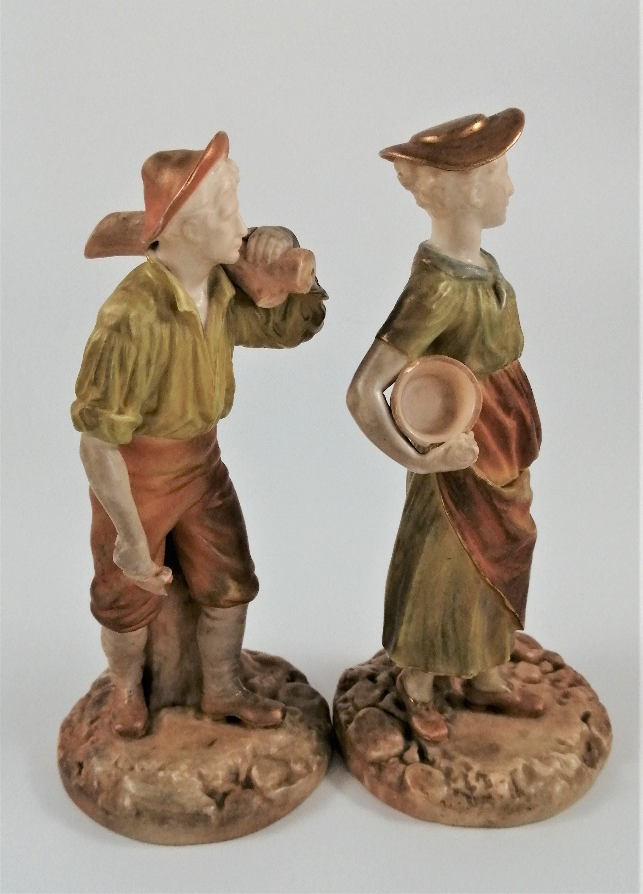 Antique Royal Worcester Figurines: Woodsman and Wife, James Hadley, c. 1899