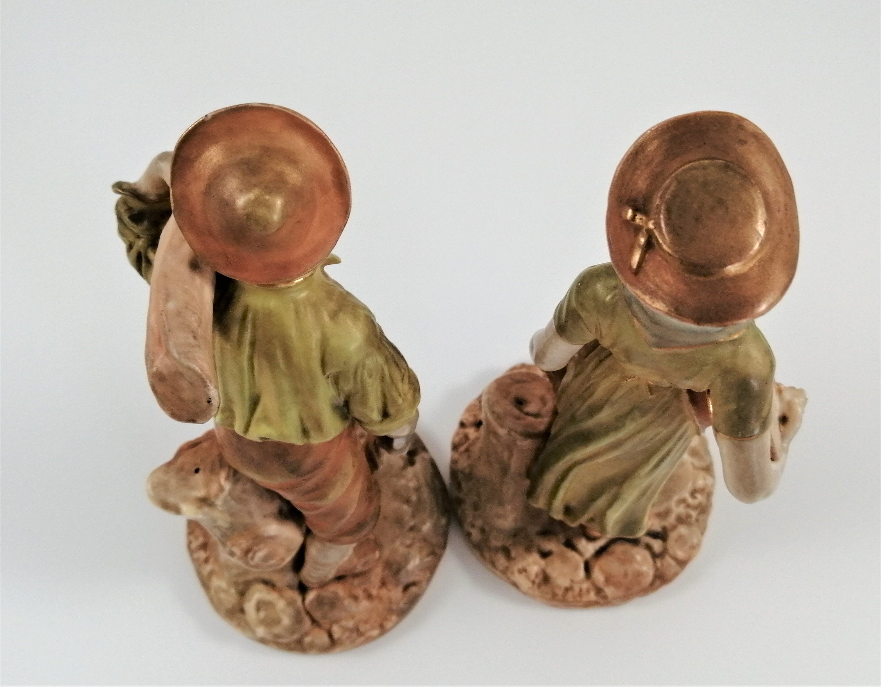 Antique Royal Worcester Figurines: Woodsman and Wife, James Hadley, c. 1899