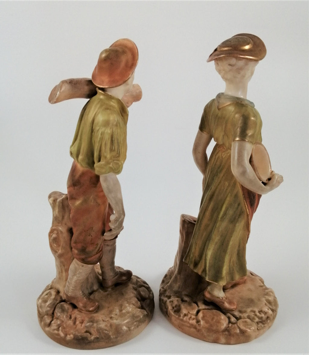 Antique Royal Worcester Figurines: Woodsman and Wife, James Hadley, c. 1899