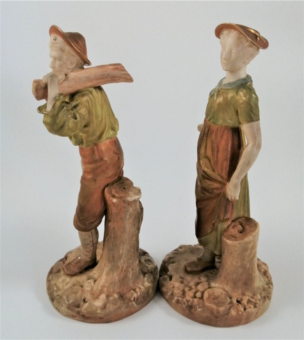 Antique Royal Worcester Figurines: Woodsman and Wife, James Hadley, c. 1899