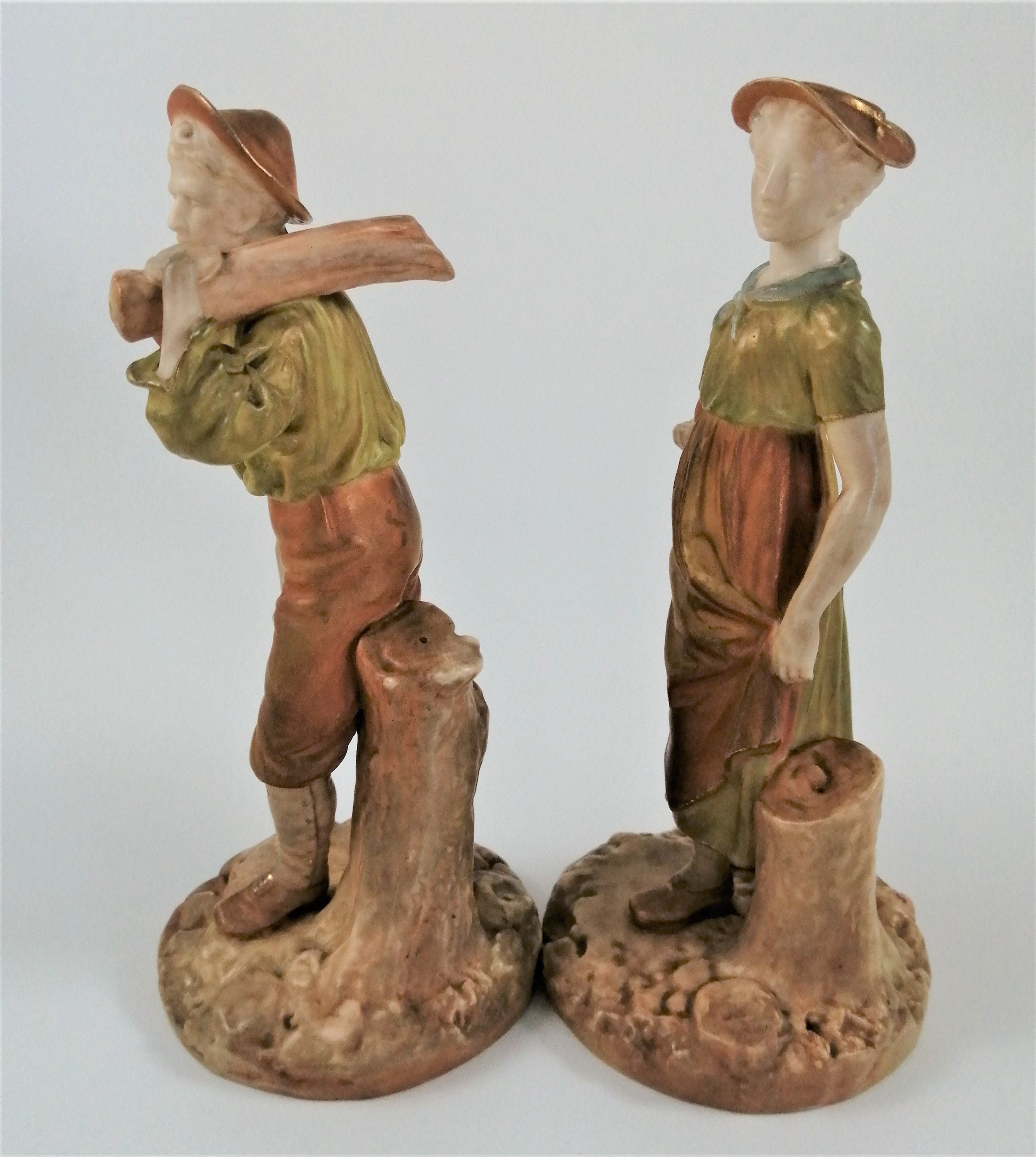 Antique Royal Worcester Figurines: Woodsman and Wife, James Hadley, c. 1899