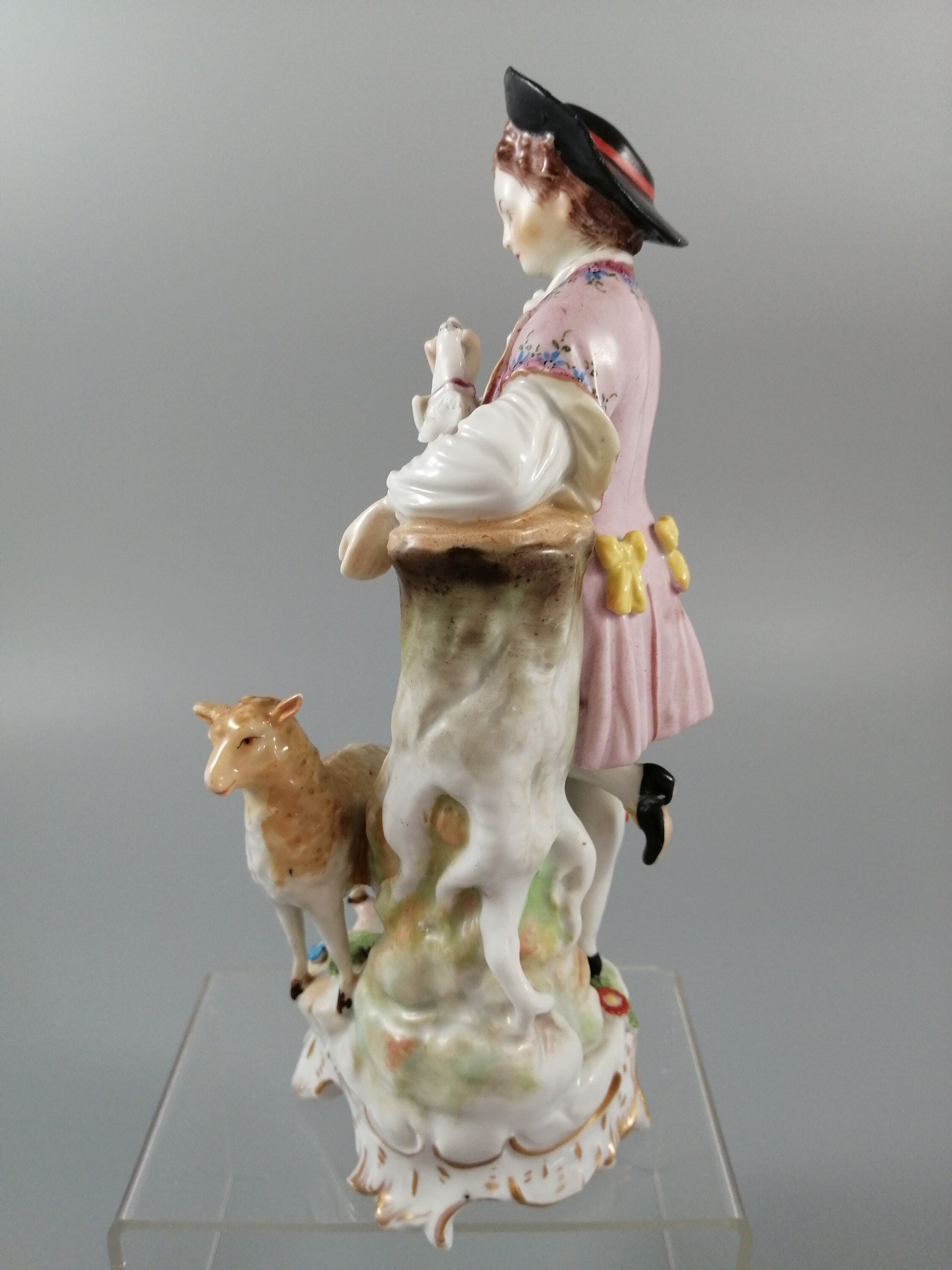 Antique Carl Thieme Dresden Porcelain Shepherd Figurine, Lamb & Dove, 1901