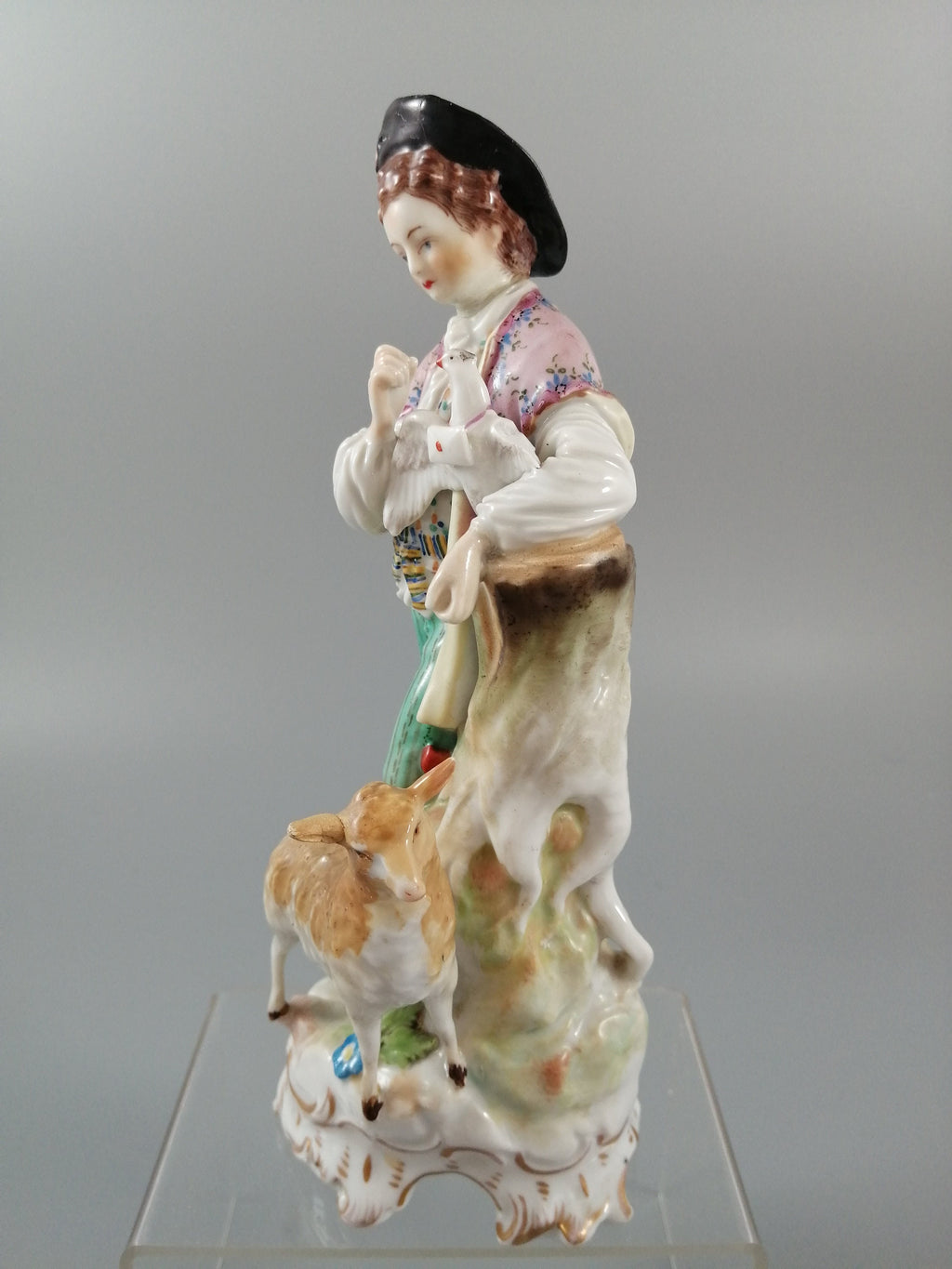 Antique Carl Thieme Dresden Porcelain Shepherd Figurine, Lamb & Dove, 1901