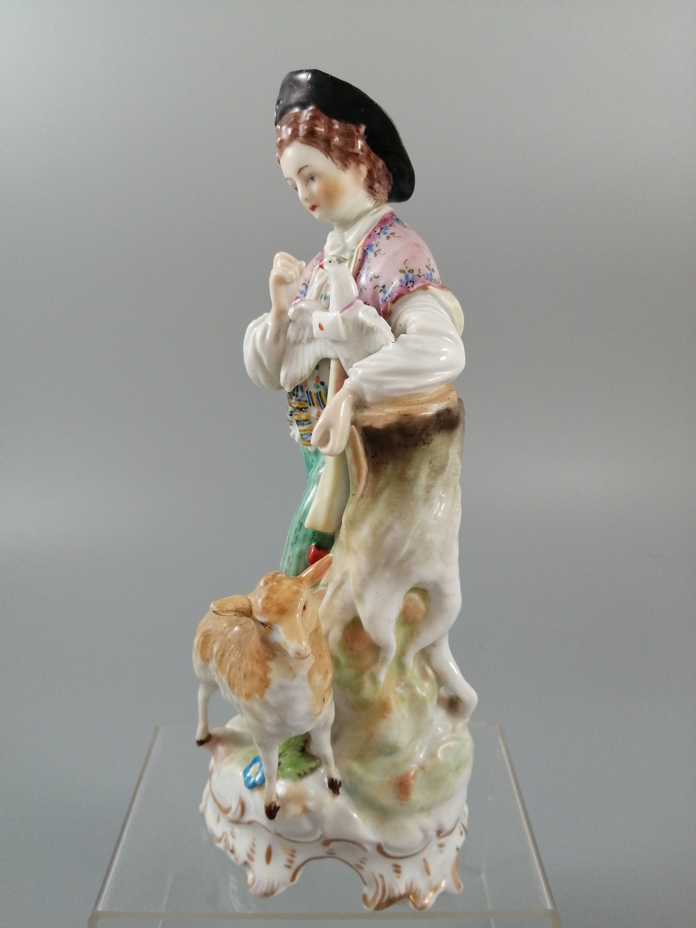 Antique Carl Thieme Dresden Porcelain Shepherd Figurine, Lamb & Dove, 1901