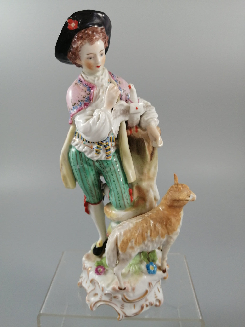 Antique Carl Thieme Dresden Porcelain Shepherd Figurine, Lamb & Dove, 1901