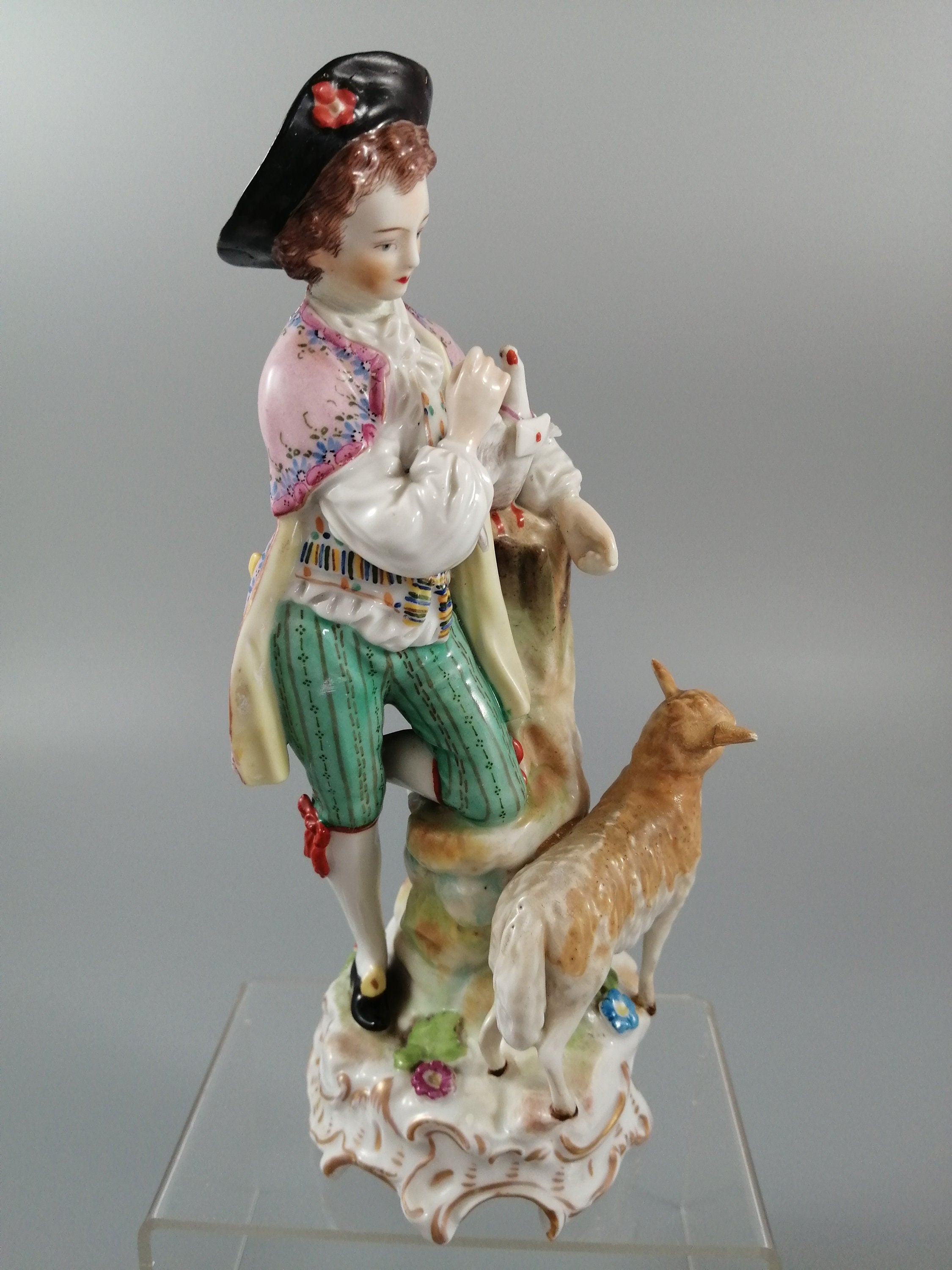Antique Carl Thieme Dresden Porcelain Shepherd Figurine, Lamb & Dove, 1901
