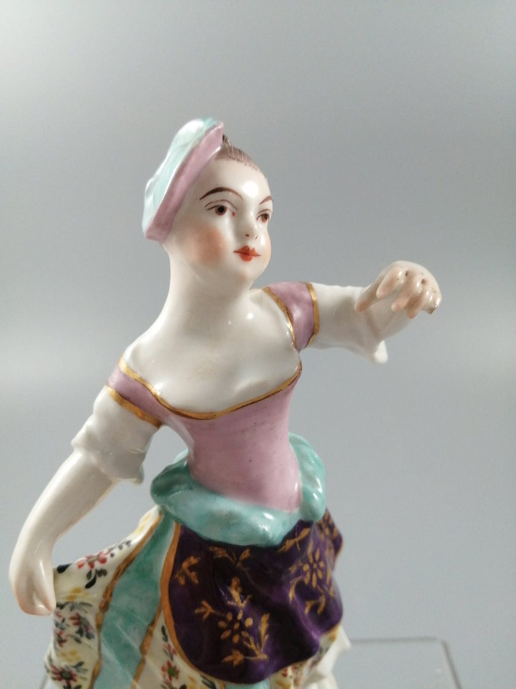 Possibly Chelsea porcelain figurine of young woman shepherdess, gold anchor mark, c. 1820