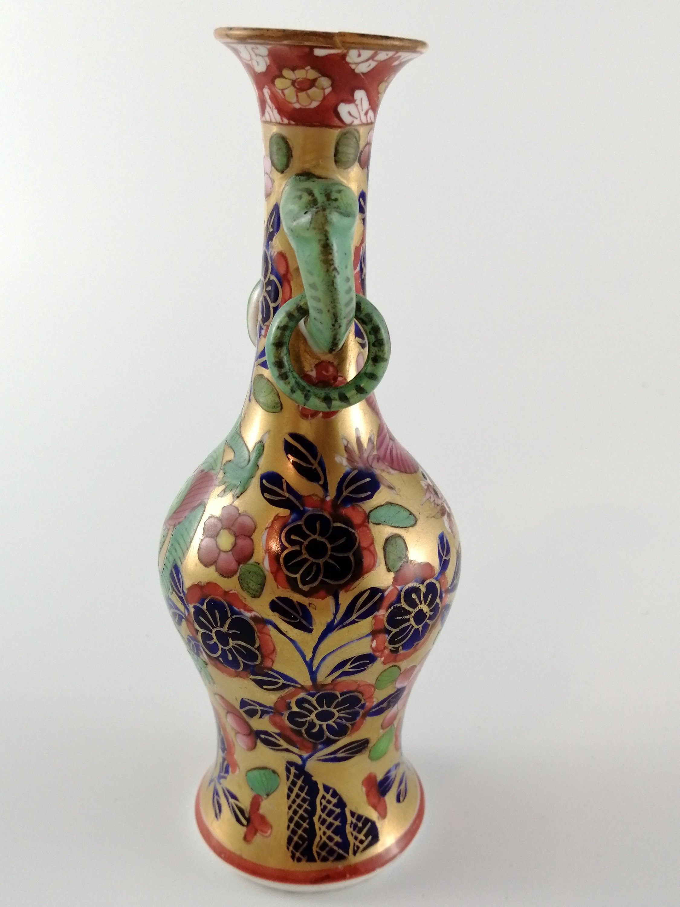 Rare Mason's Ironstone Vase: Pink & Green Dragons, Elephant Handles, c.1800-1816