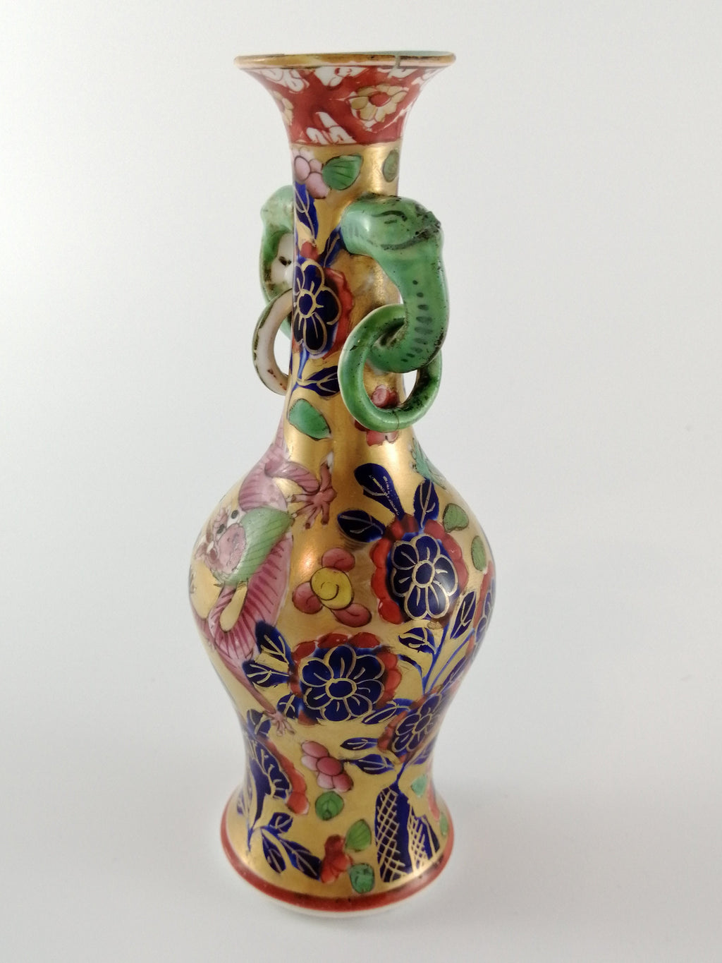 Rare Mason's Ironstone Vase: Pink & Green Dragons, Elephant Handles, c.1800-1816