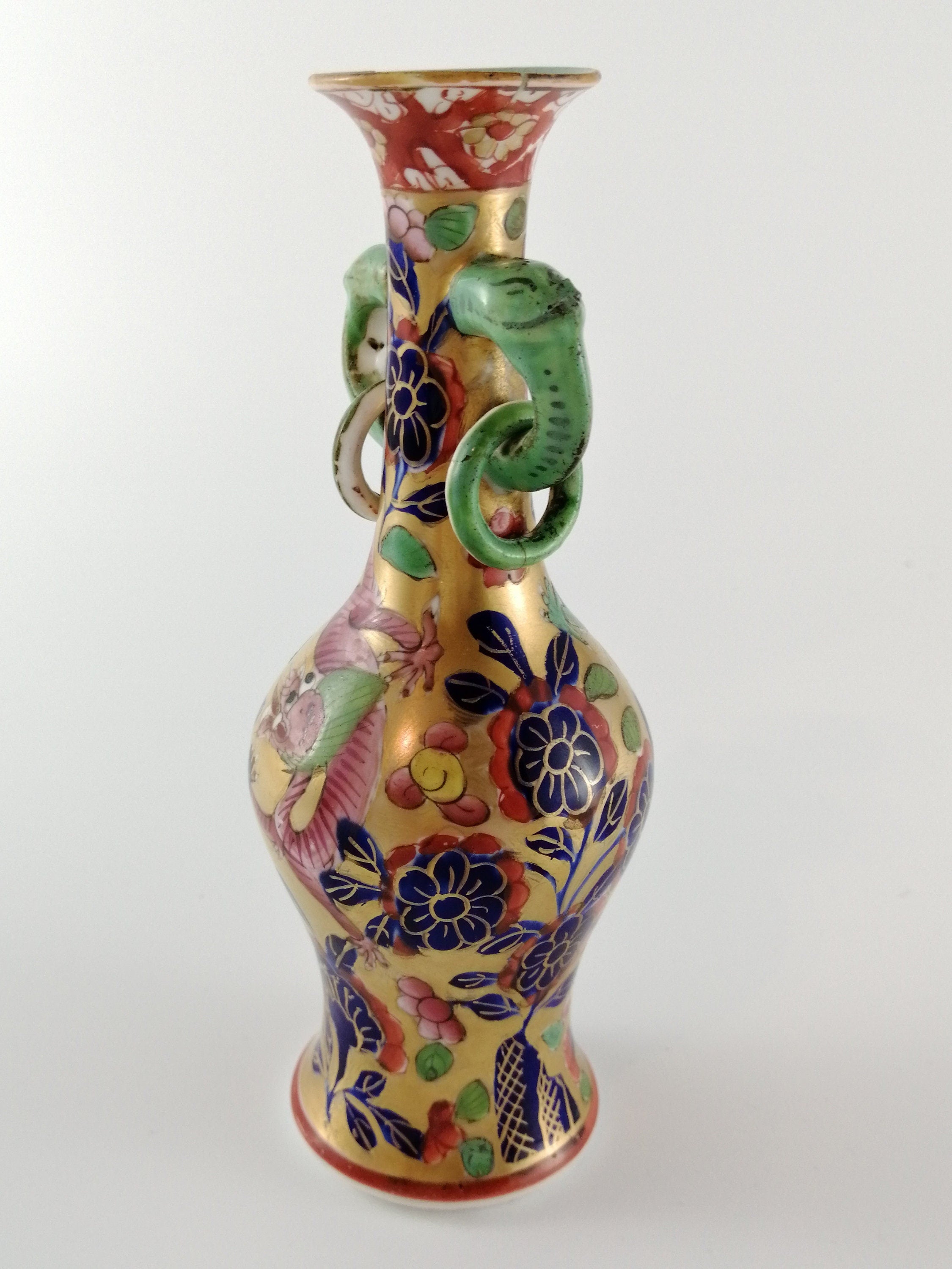 Rare Mason's Ironstone Vase: Pink & Green Dragons, Elephant Handles, c.1800-1816