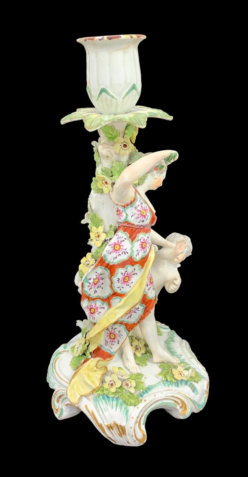 Early Derby Porcelain Candlestick: Venus and Cupid Figurine, Rococo Rocaille Base, c. 1765