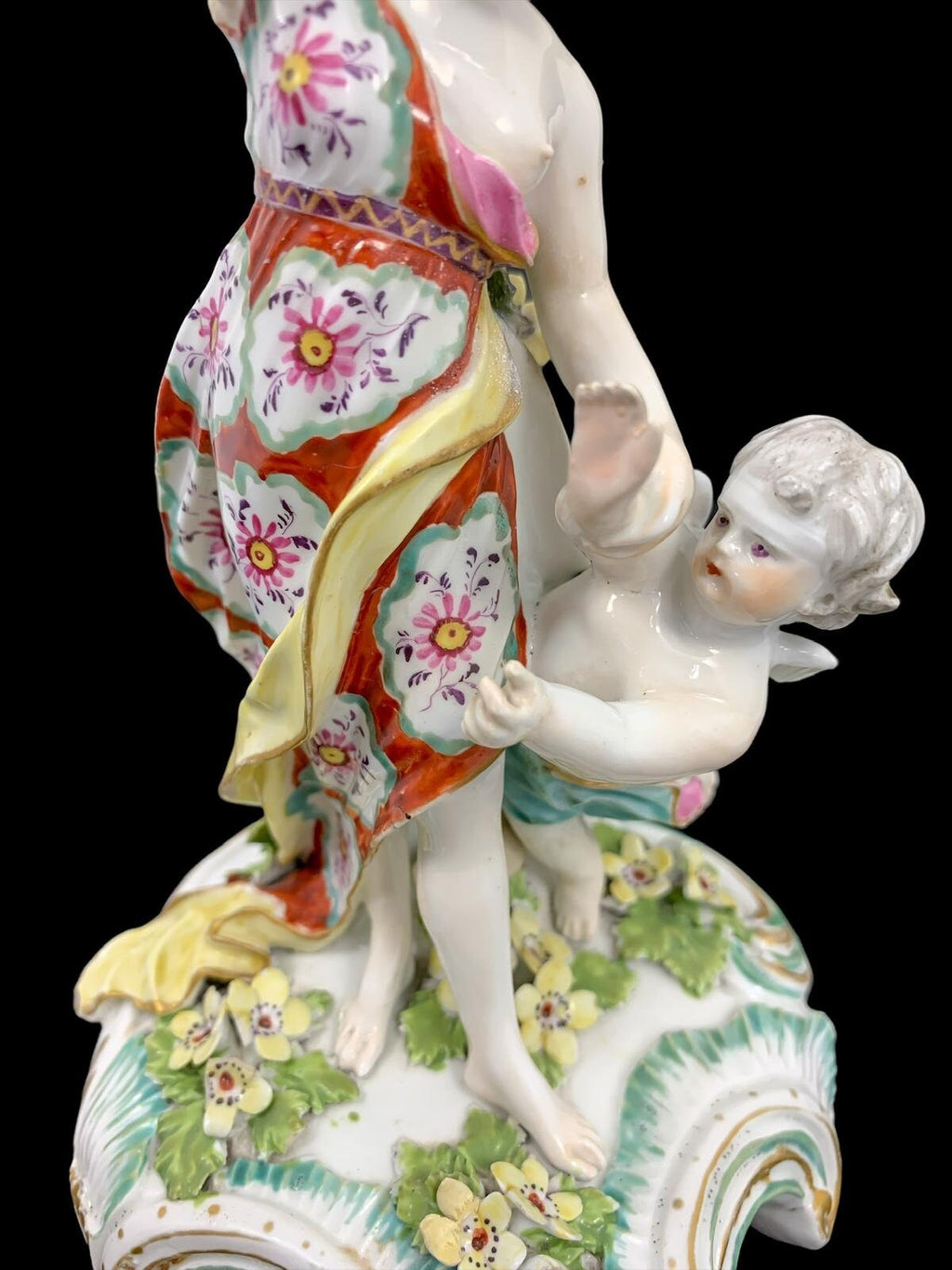 Early Derby Porcelain Candlestick: Venus and Cupid Figurine, Rococo Rocaille Base, c. 1765