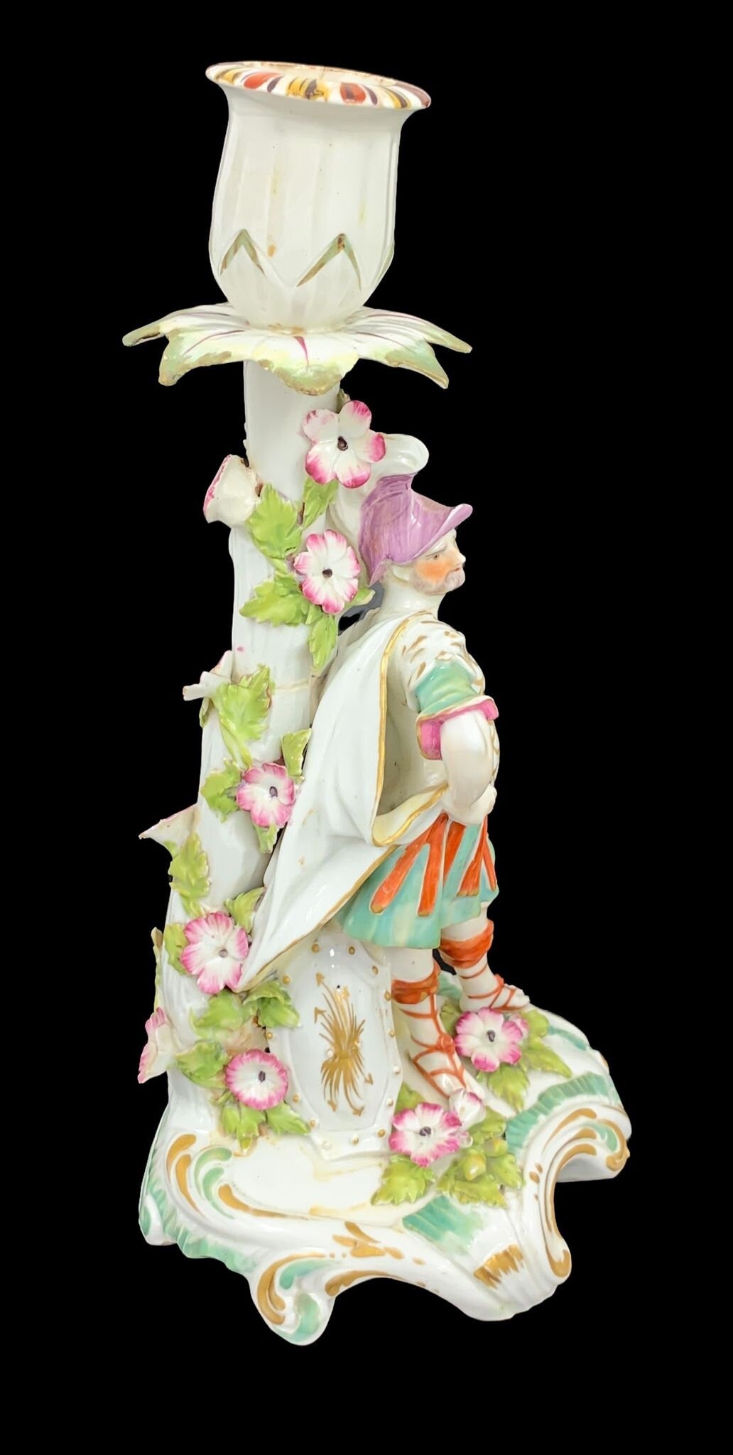 Early Derby Porcelain Mars Figural Candlestick: Rococo Gilt Sconce, c. 1765