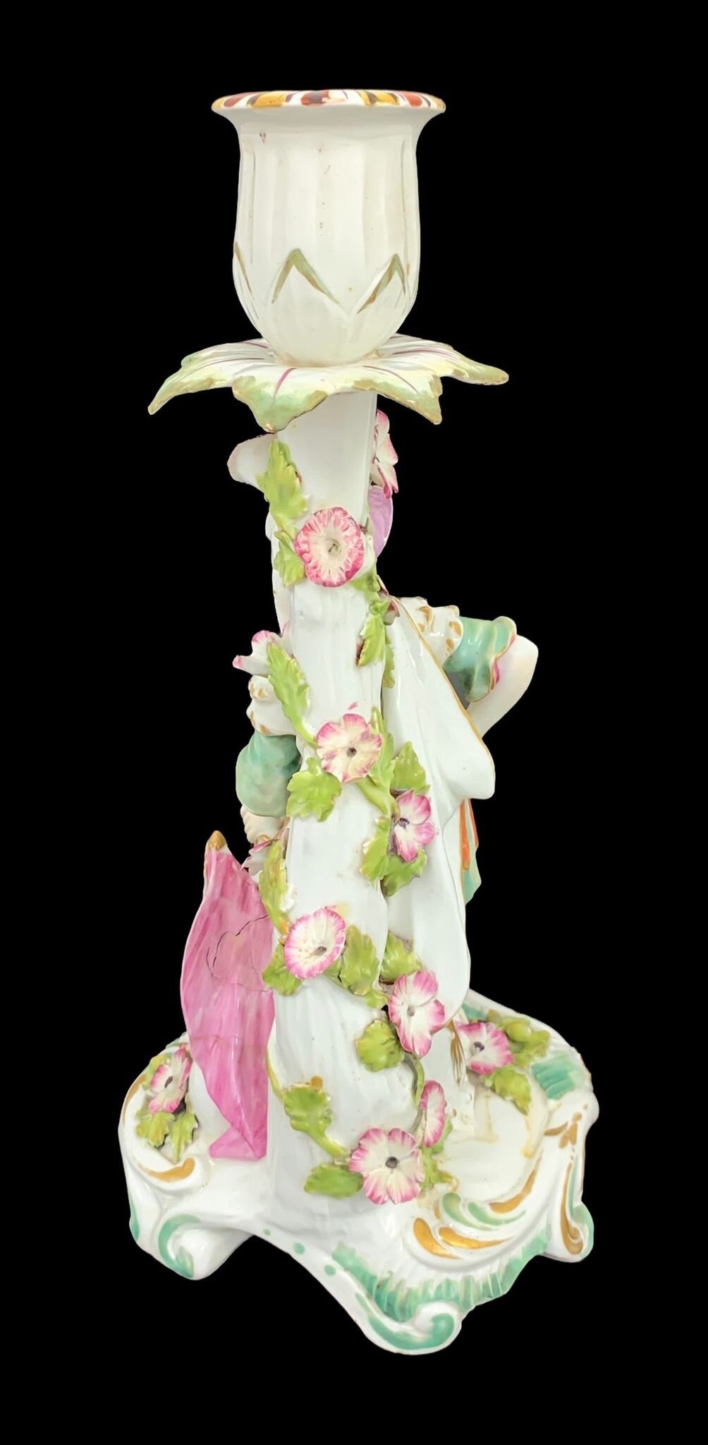 Early Derby Porcelain Mars Figural Candlestick: Rococo Gilt Sconce, c. 1765