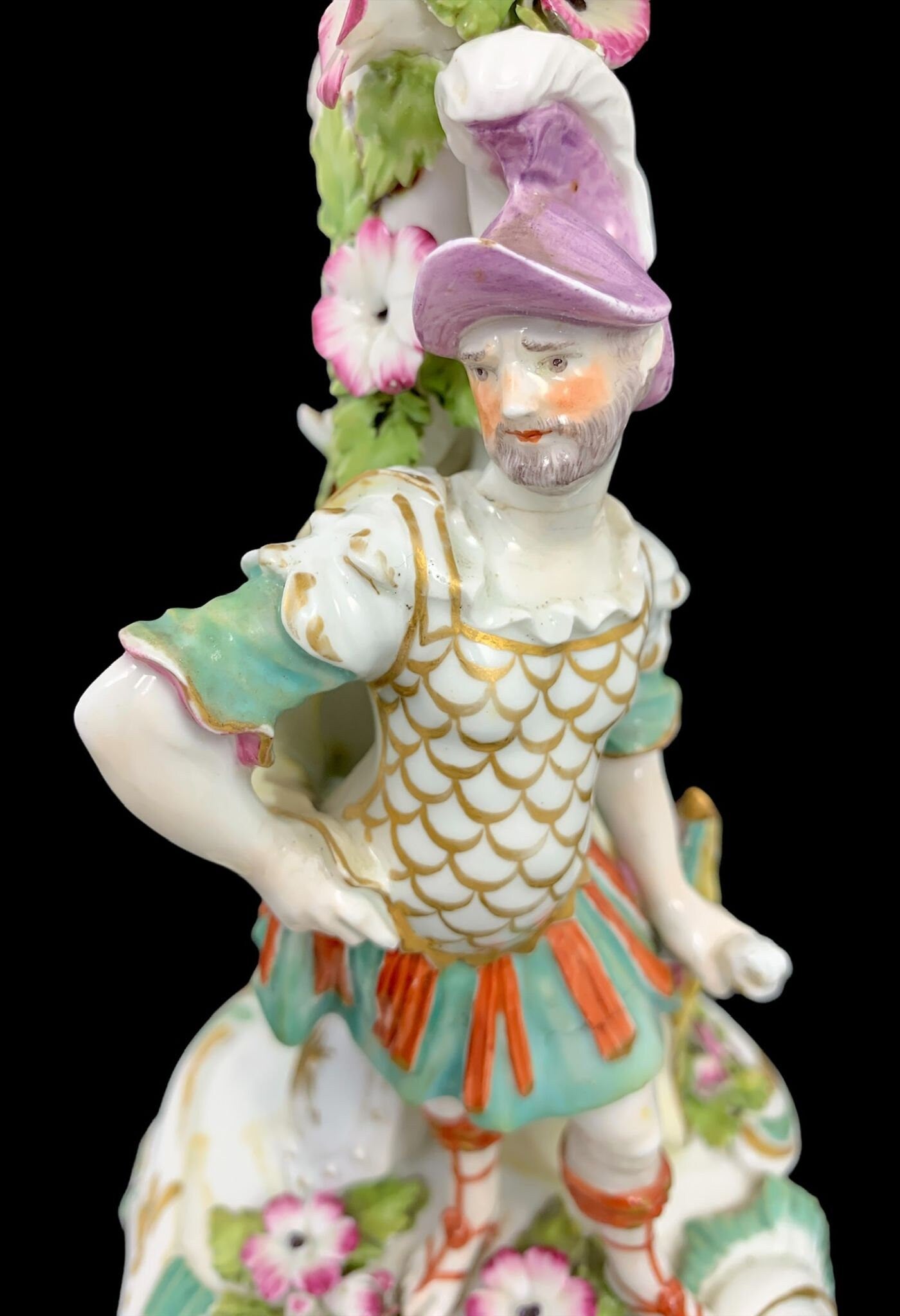 Early Derby Porcelain Mars Figural Candlestick: Rococo Gilt Sconce, c. 1765