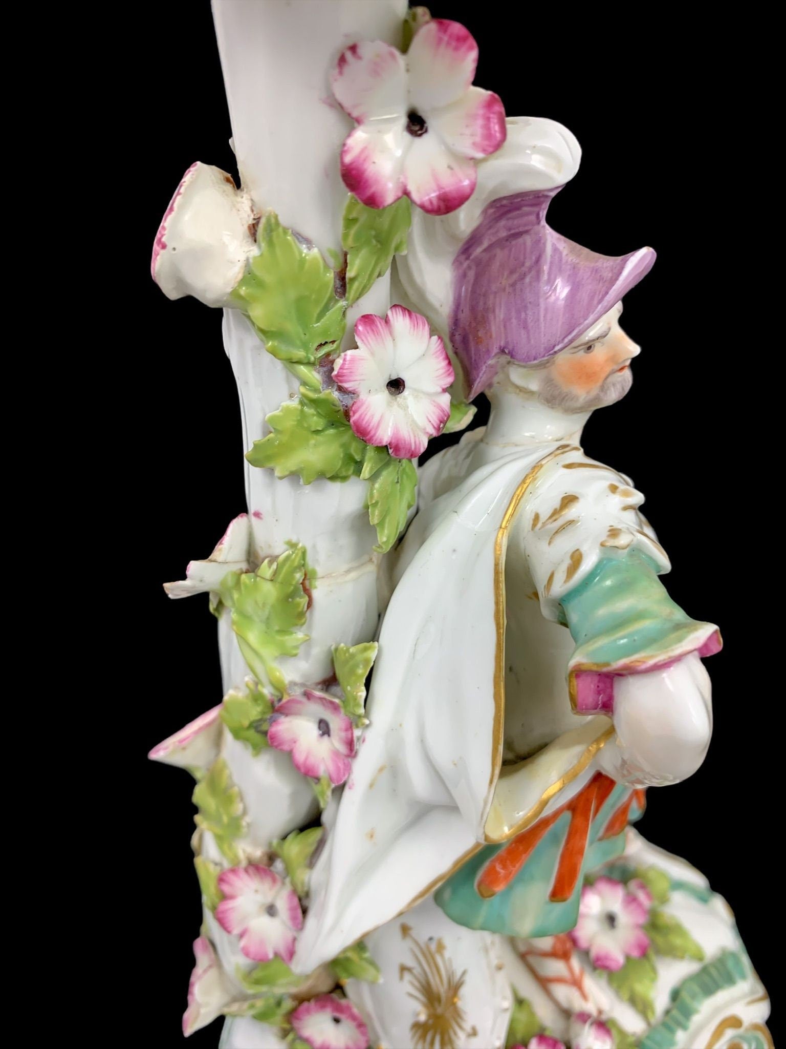 Early Derby Porcelain Mars Figural Candlestick: Rococo Gilt Sconce, c. 1765