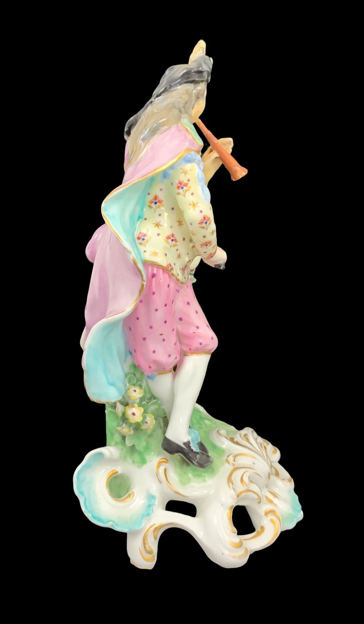 Early Derby soft-paste porcelain figurine "Piper" musician with pipe and tabor, c 1765, hand-painted and gilded, with patch marks